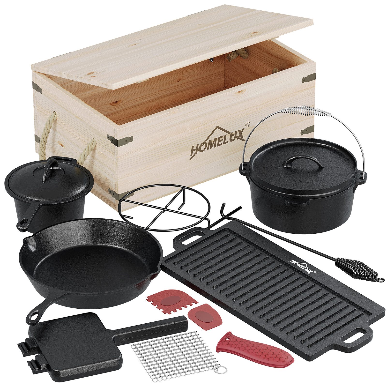 HOMELUX Grilltopf 10/12-tlg. Dutch Oven Set in Holzkiste Kochtopf Grillplatte Stieltopf, Gusseisen (12-tlg), 12-teiliges Dutch Oven Set in Holzkiste
