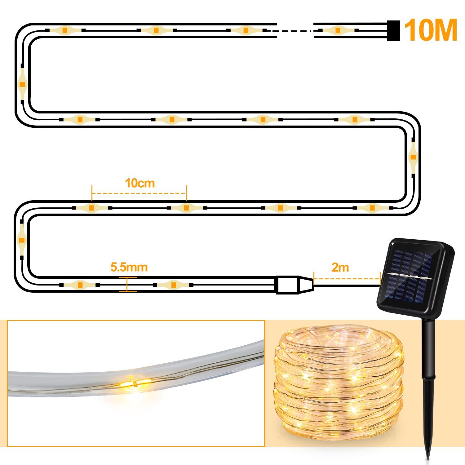 10m Lichterkette LED LED-Lichterschlauch Gimisgu LED Solarleuchte Solar Solarleuchten,warmweiß