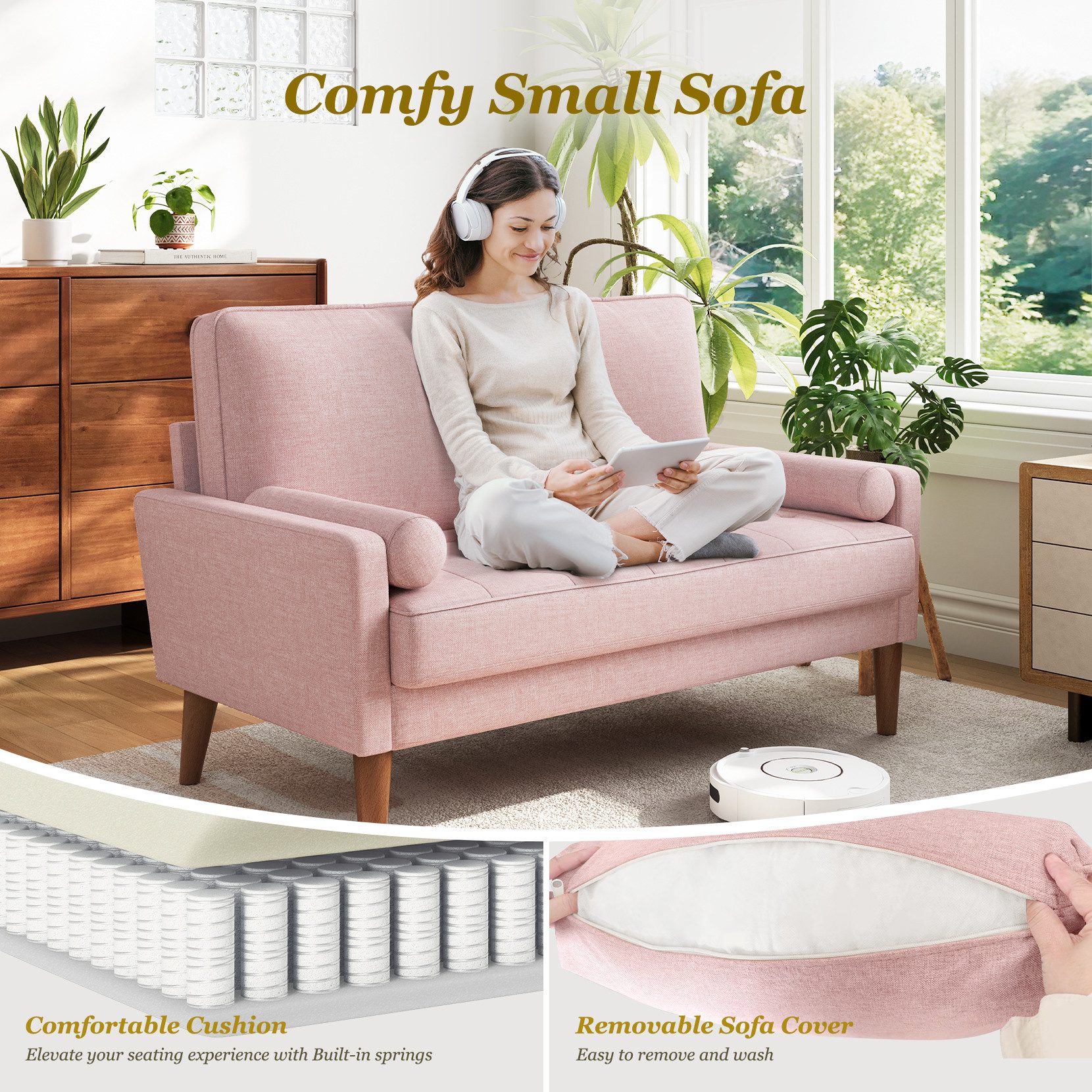 OUNUO Sofa 121cm Kleines Loveseat Sofa Couch aus Samt und Leinen mit 2 Zierkissen – Bild 3 von 5