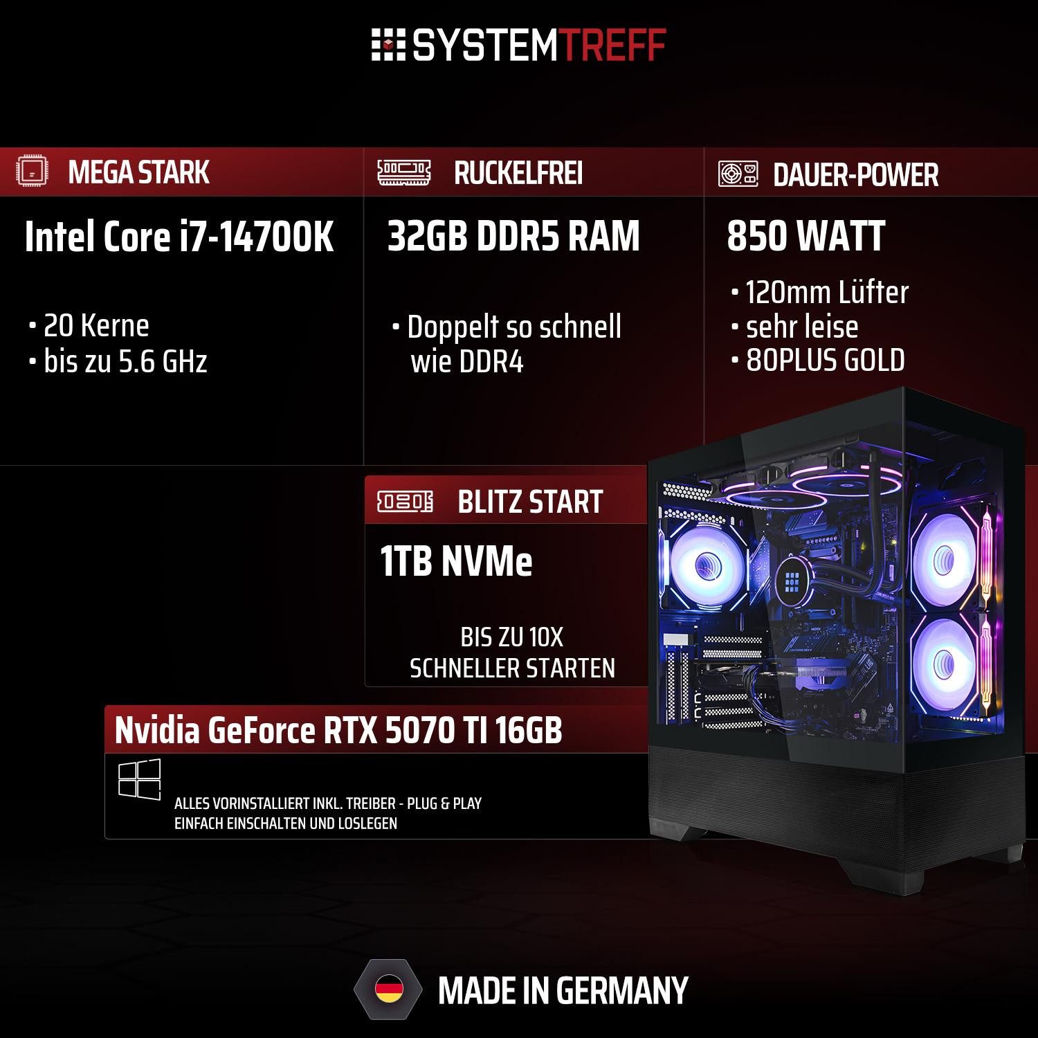 SYSTEMTREFF Intel Core i7-14700K mit Nvidia GeForce RTX 5070 TI 16GB Gaming-PC (Intel 14700K 14700K, Nvidia GeForce RTX 5070 Ti, 32 GB RAM, 1000 GB SSD, Wasserkühlung)