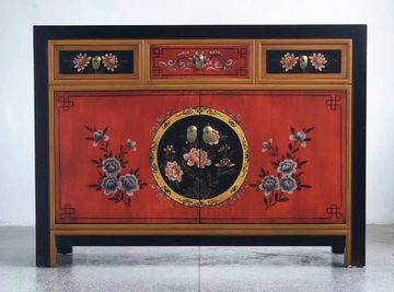 OPIUM OUTLET Kommode Schrank shabby-chic Sideboard Vintage Holz rot-schwarz (Landhaus-Stil, Antik-Stil, asiatisch chinesisch orientalisch fernöstlich), Kommode Hochzeitsschrank, komplett montiert