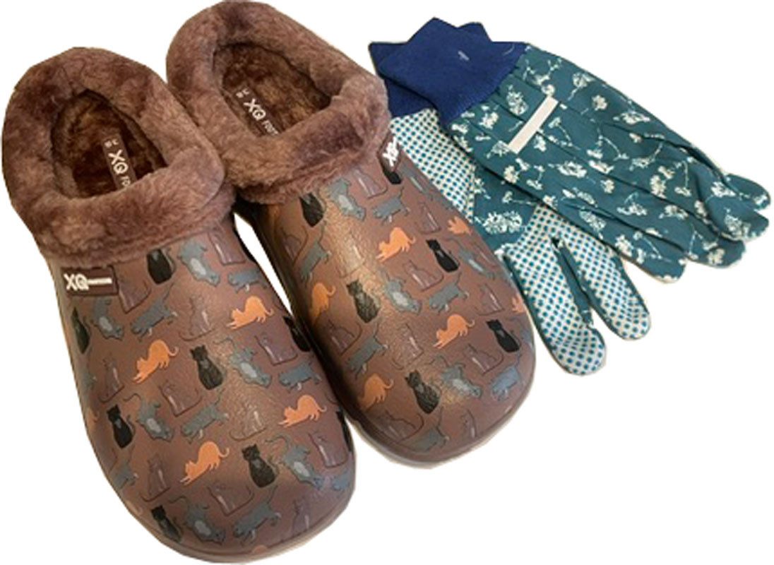 Steinnacher Bärbel Angro Damen Gartenclogs Katzen mit Fell mit Gartenhandschuhen Clog