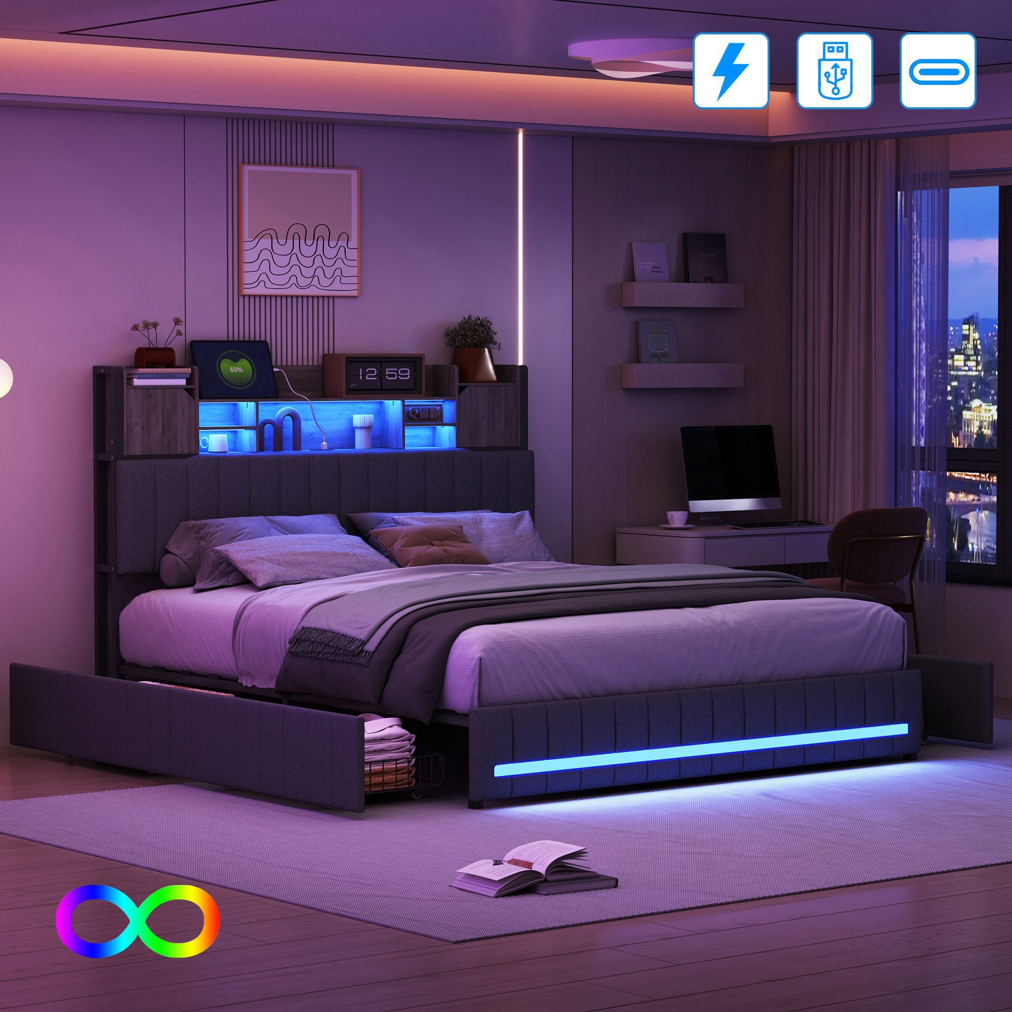 Furnishings Home Polsterbett Stauraumbett Doppelbett LED (1 tlg, Mit Vier e günstig online kaufen