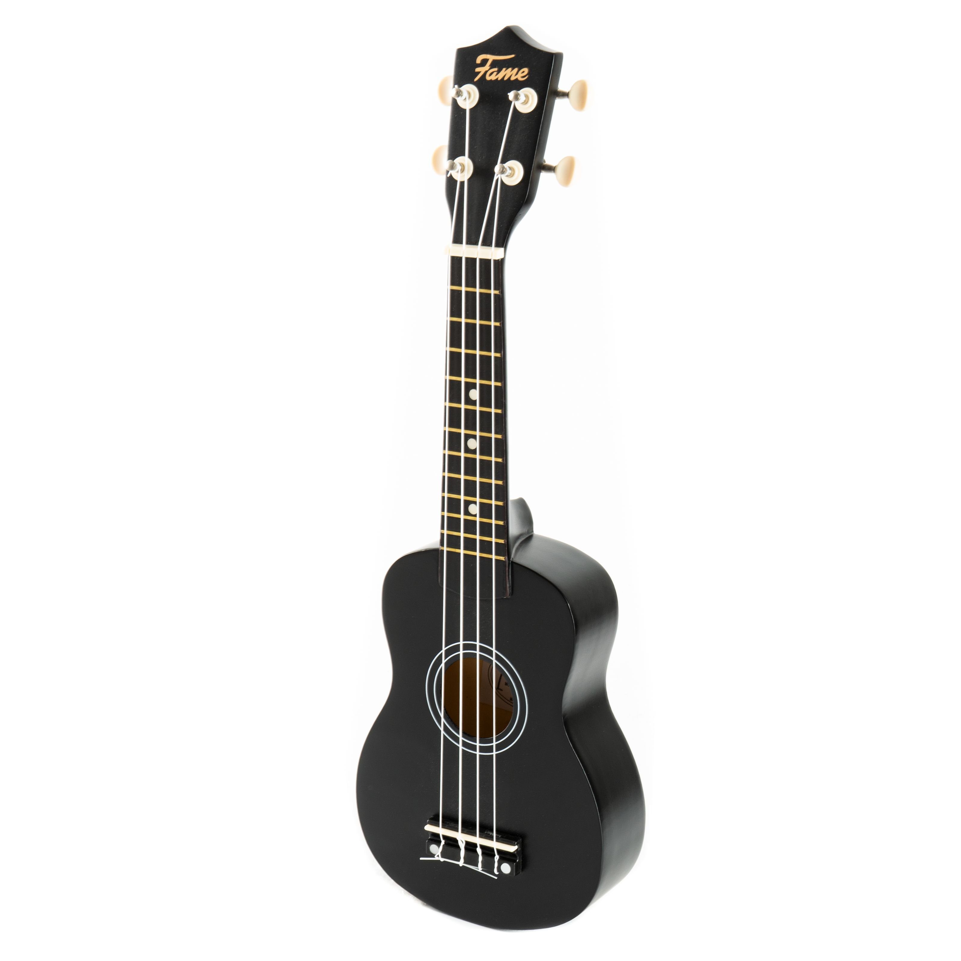 FAME Ukulele, UKE-S BW Sopran Ukulele Schwarz Inklusive Tasche Lindenholz-Korpus 12-Bund Composite-Griffbrett Nickel-Finish, Ukulelen, Sopran Ukulelen, Ukulele, Sopran Ukulele, Lindenholz-Korpus