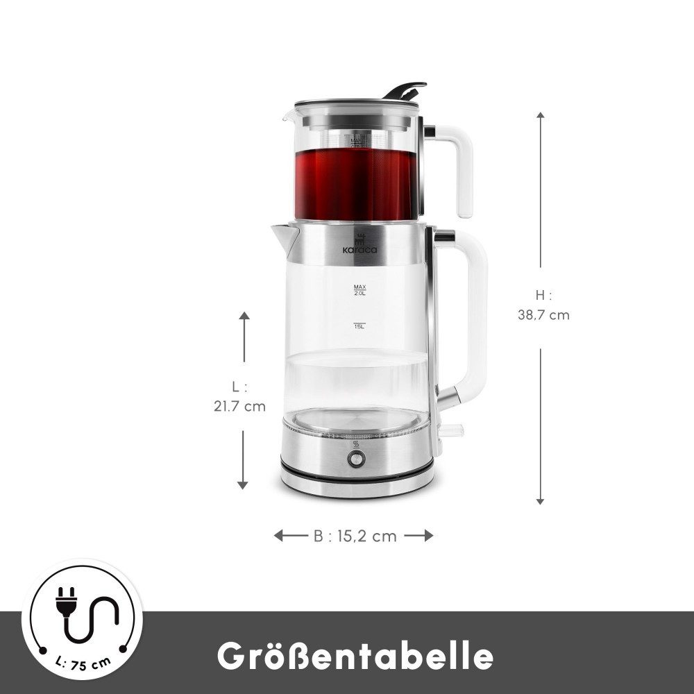 Karaca Wasserkocher Karaca Luma Glas-Teemaschine, 2,8 L, 2200 W, Warmhaltefunktion, 2200 W