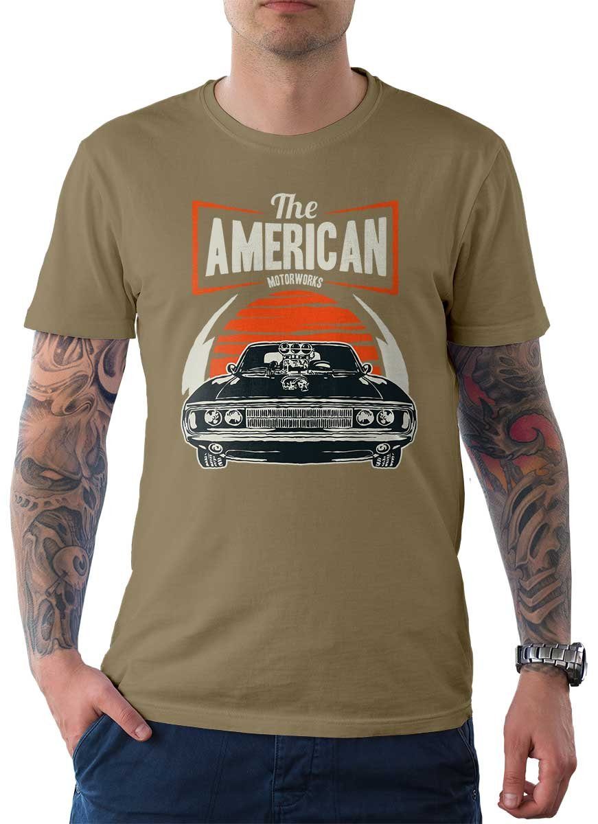 Rebel On Wheels T-Shirt Herren T-Shirt Tee The American mit Auto / US-Car Motiv Khaki