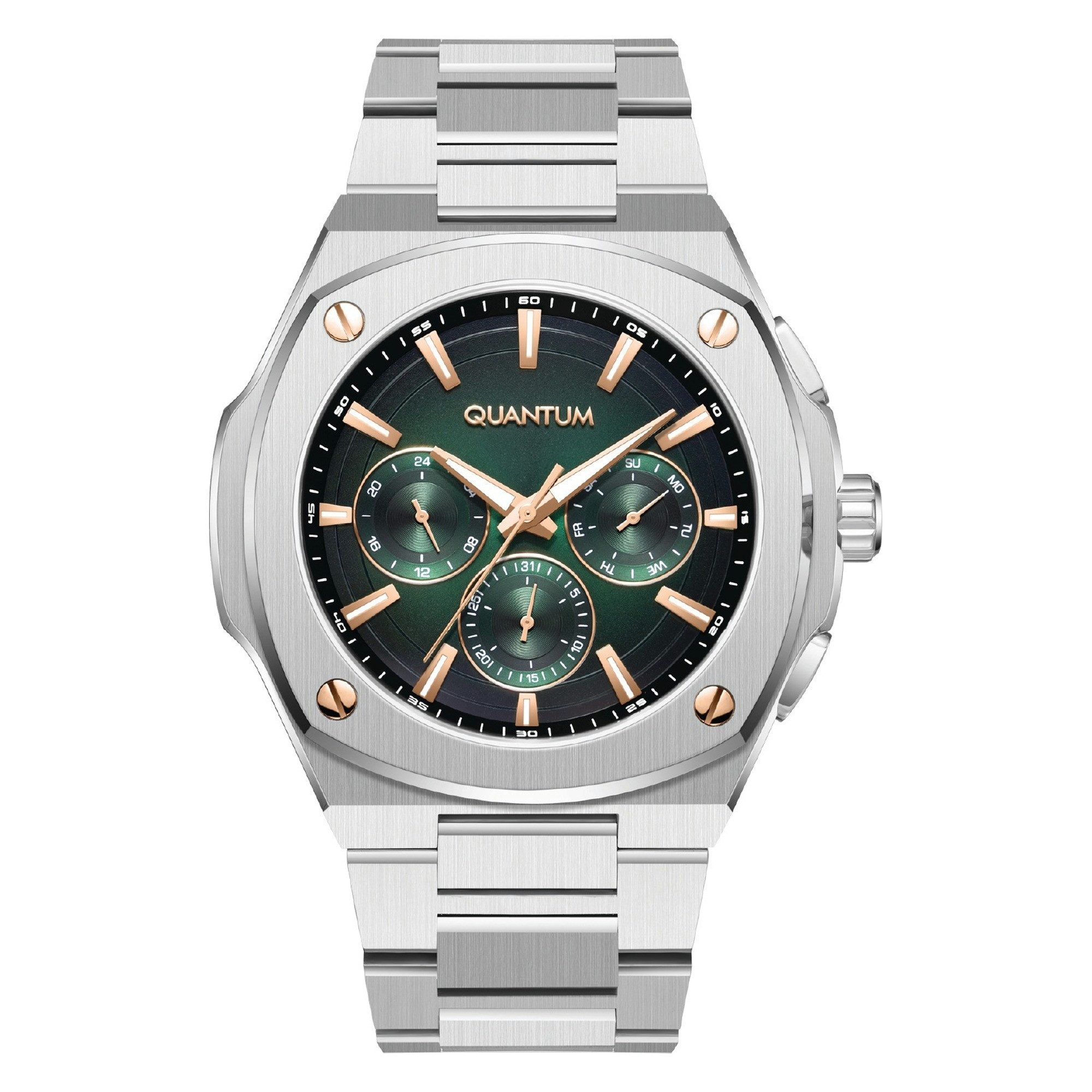 QUANTUM Multifunktionsuhr Herrenuhr Edelstahl, 44 mm, Herren Armbanduhr, 10 ATM wasserdicht dunkelgrünes Zifferblatt, silber – ADG1032.370, (1-tlg), Datum, Mineralglas, inkl. Geschenkbox