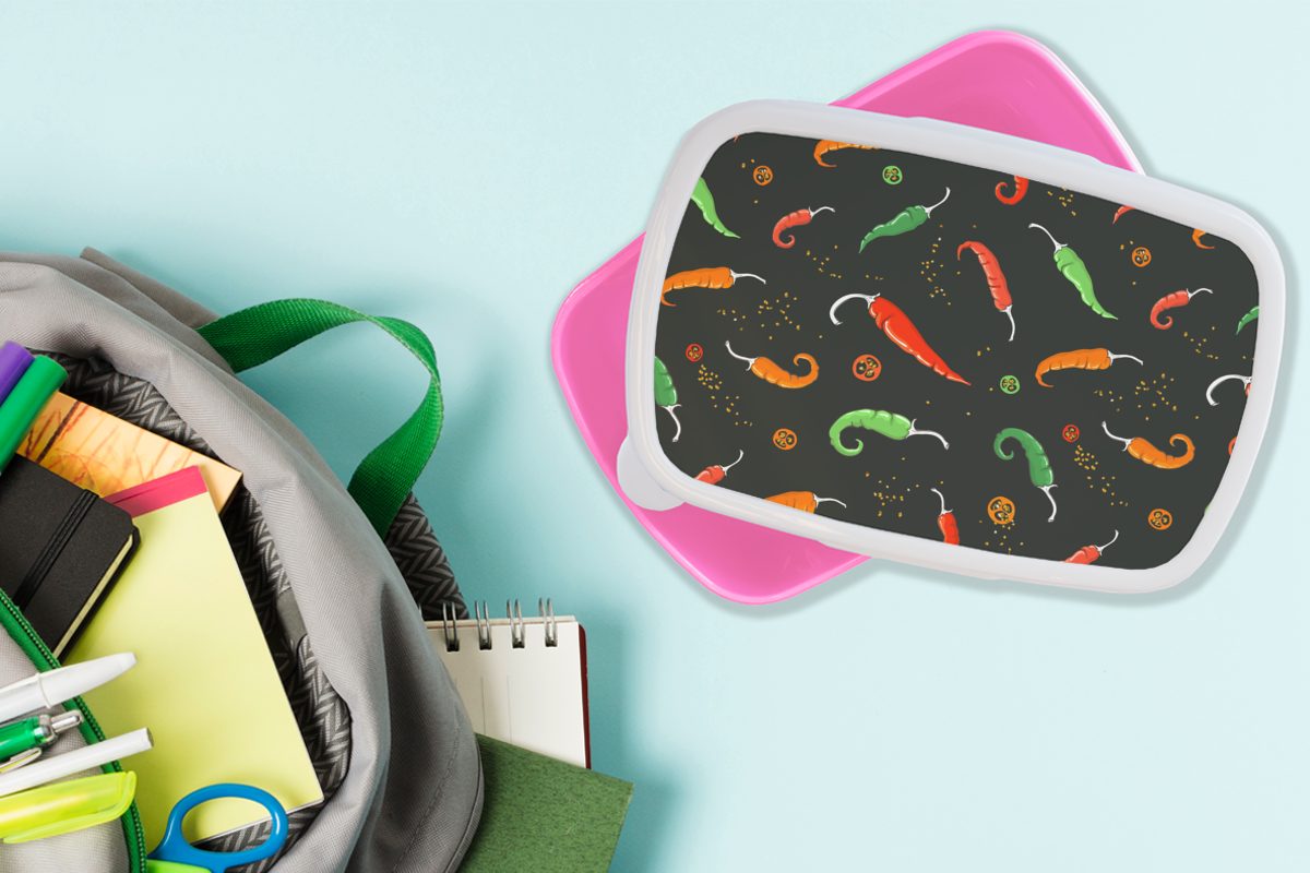 MuchoWow Lunchbox Paprika Muster Mädchen, rosa Brotdose Saatgut, Kunststoff - für Brotbox Kinder, Erwachsene, - Kunststoff, (2-tlg), Snackbox