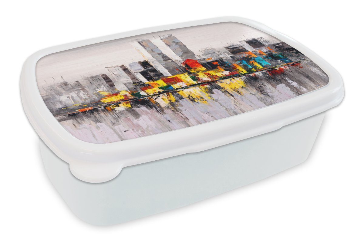 MuchoWow Lunchbox Gemälde - Skyline - Farben - Ölfarbe, Kunststoff, (2-tlg), Brotbox für Kinder und Erwachsene, Brotdose, für Jungs und Mädchen weiß