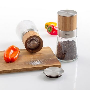 AdHoc Salz-/Pfeffermühle Set aus 2 Gewürzmühlen AKASIA manuell, (2 Stück), edler Glascontainer und Keramik-Mahlwerk, Füllung inklusive