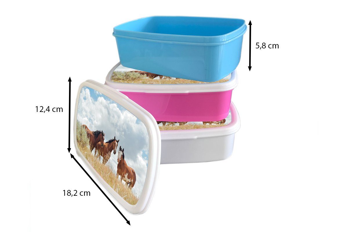 MuchoWow Lunchbox Drei Mustang-Pferde Kinder schauen (2-tlg), Kunststoff, für für Jungs die weiß Kamera, Erwachsene, Brotbox Mädchen in und und Brotdose