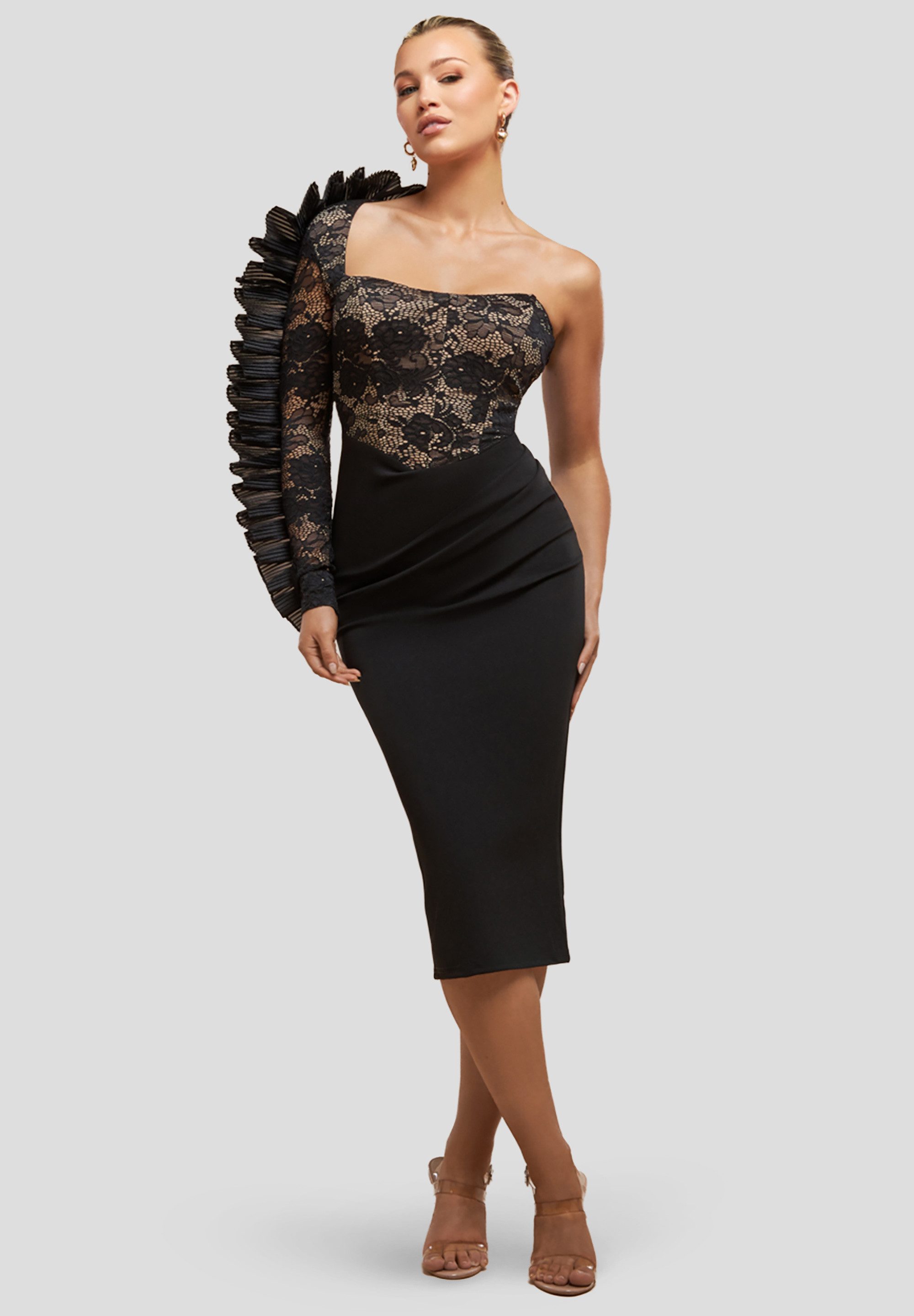 Goddiva Midikleid One Shoulder Organza Fan Detail Lace Bodice Midi Dress Kn günstig online kaufen