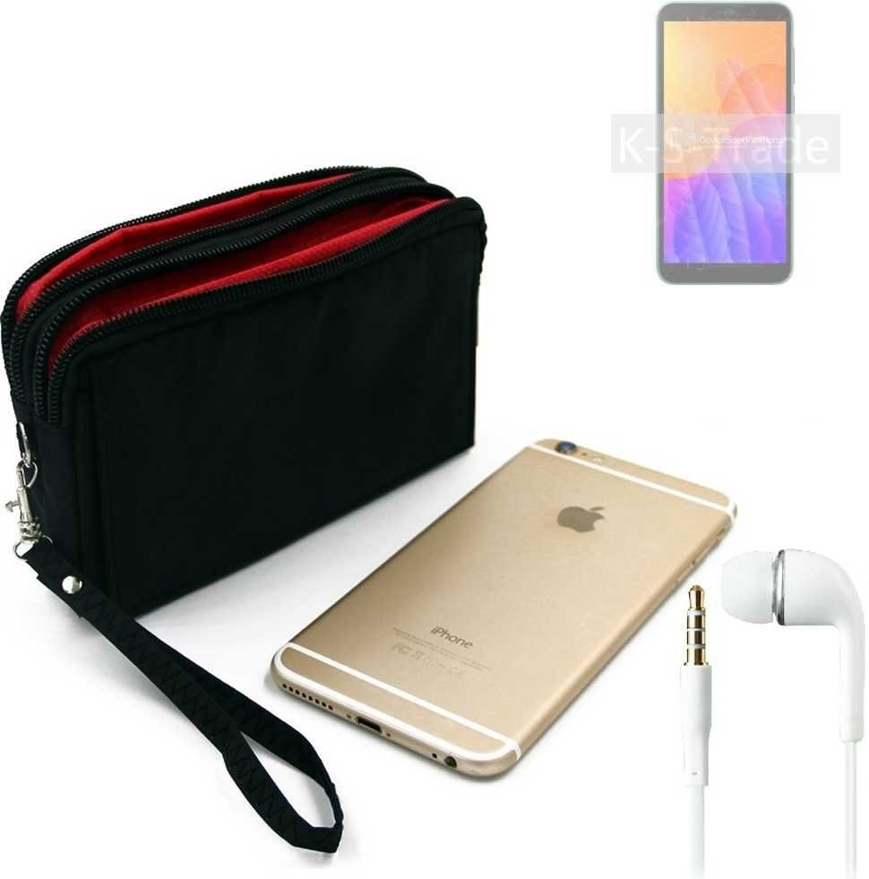 K-S-Trade Handyhülle für Huawei Y5p, TOP SET Handy Hülle Gürteltasche schwarz + Kopfhörer Travel Bag