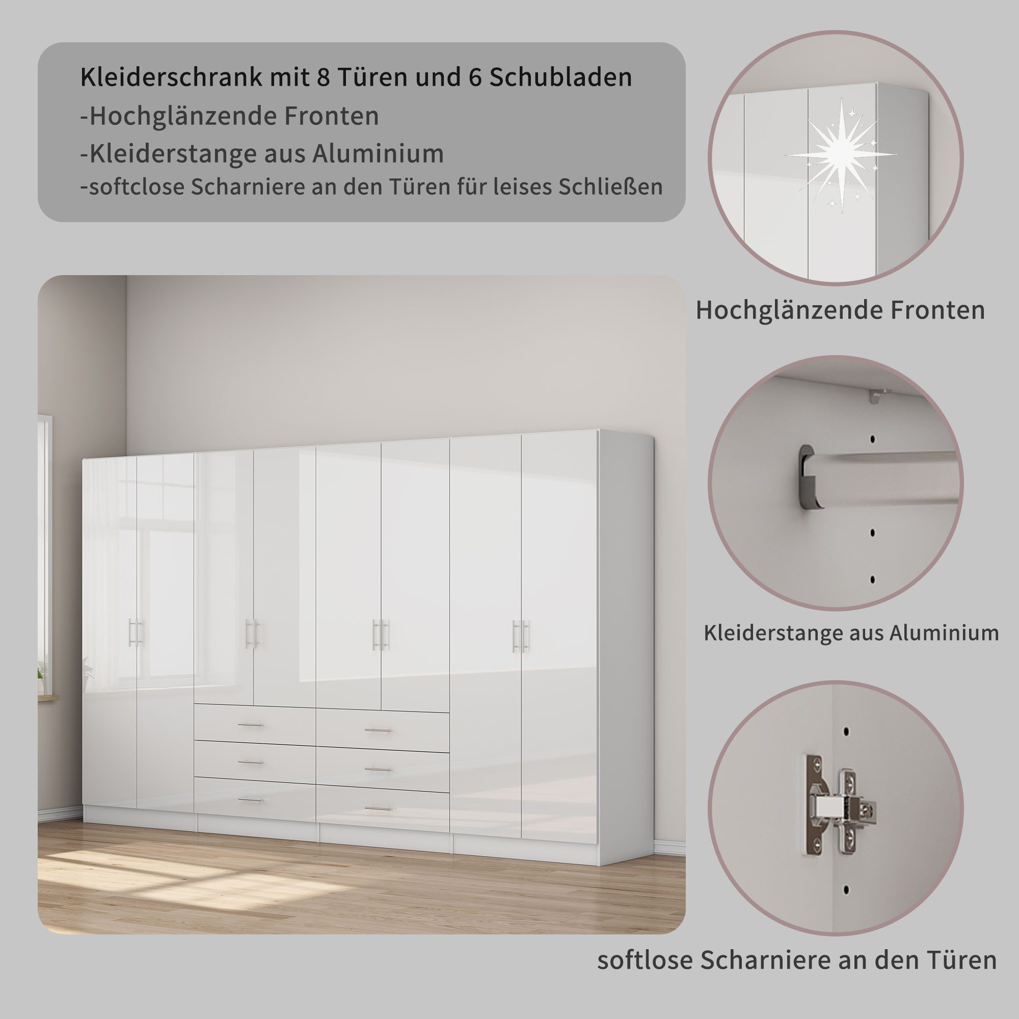 OTTO home Kleiderschrank Trento Schlafzimmerschrank Garderobe hochglanz Schrank mit 8 Türen und 6 Schubladen, hochglänzende Fronten