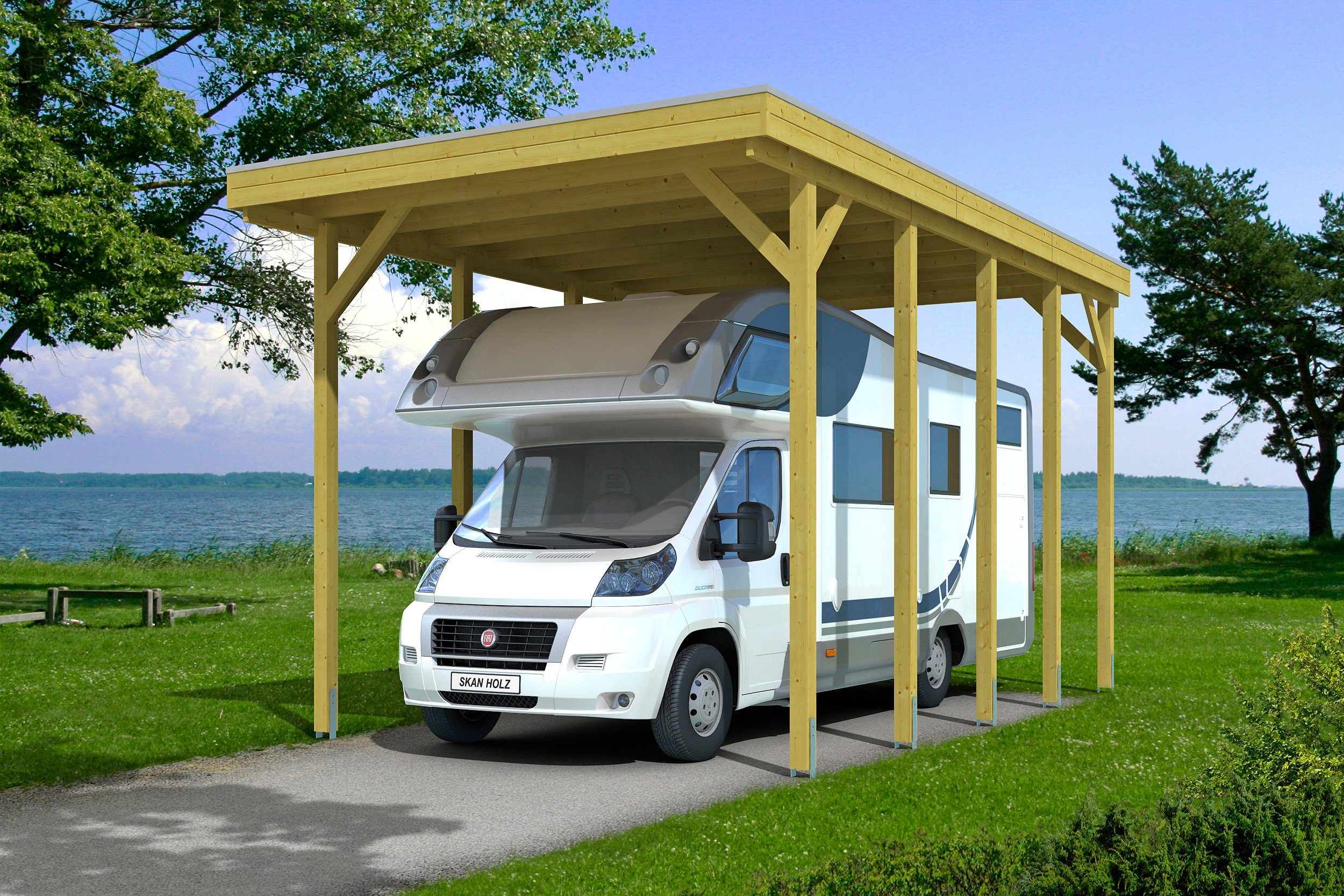 Skanholz Einzelcarport Friesland, BxT: 397x708 cm, 351 cm Einfahrtshöhe,  für Caravan, Flachdach mit Aluminium-Dachplatten