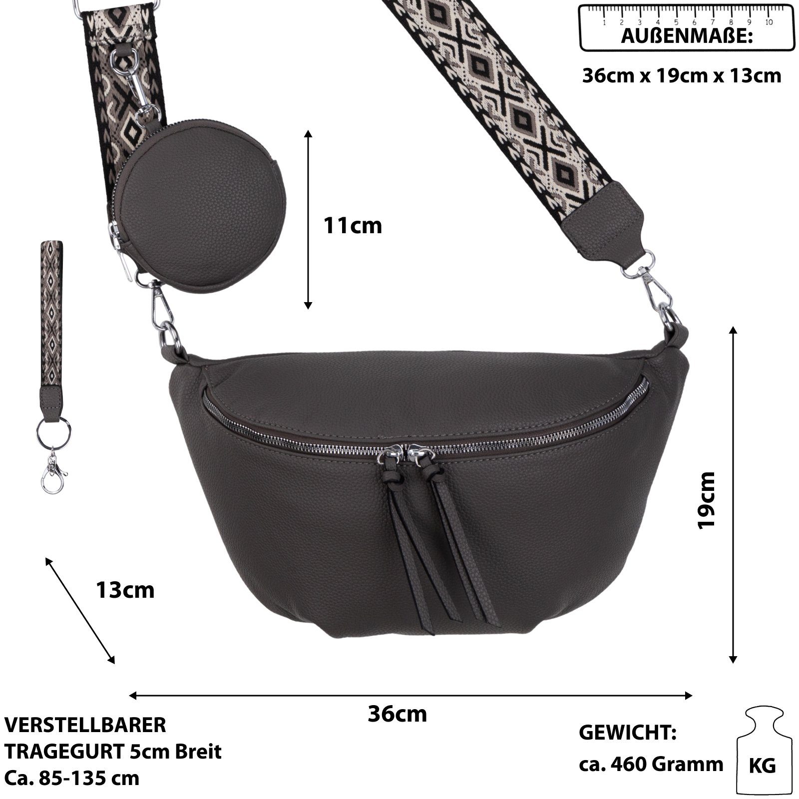 Italy-D, Bauchtasche Hüfttasche D.GREY Schultertasche, tragbar Umhängetasche Gürteltasche Crossbody-Bag CrossOver, als Kunstleder EAAKIE Umhängetasche