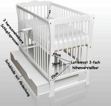 Dedstore-Baby Babyzimmer-Komplettset Kinderbett Bett Juniorbett weiß 120x60 Schublade, (Spar-Set), Babybett inkl. Zubehör Bettwäsche Set Falbel Himmelstange Matratze