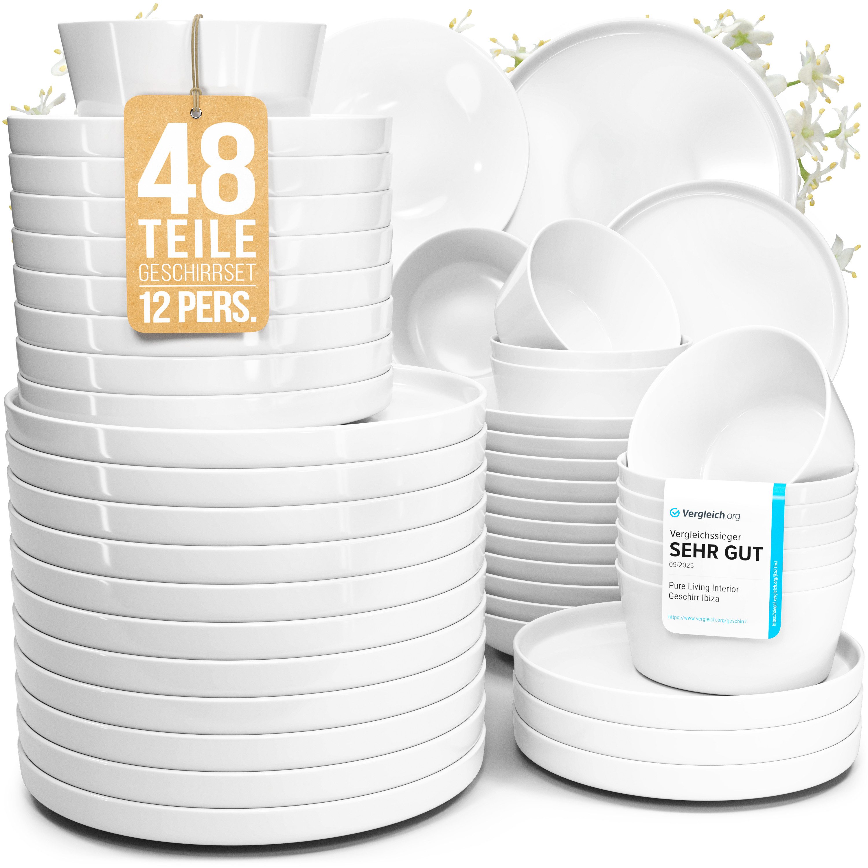 PURE LIVING INTERIOR DESIGN Geschirr-Set Scandi aus Steingut, 48-tlg., für 12 Personen, Weiß, 12 Personen, Porzellan, Zeitloses minimalistisches Design, Reines Weiß – elegant & schlicht, …
