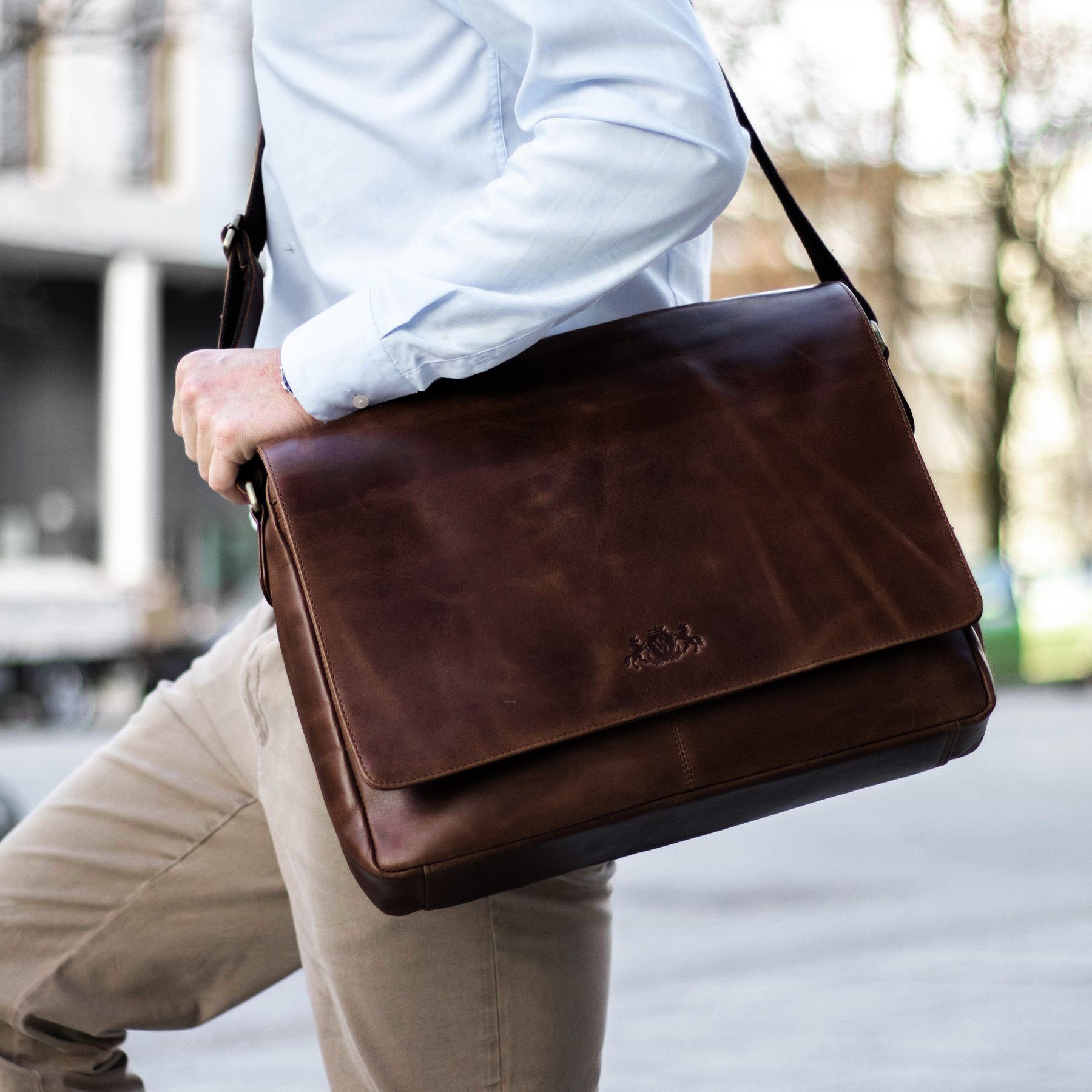 SID & VAIN Messenger Bag SPENCER XL groß Laptop-Tasche 15 Zoll echt Leder, Umhaengetasche Laptop Fach Herren Damen Schultertasche braun