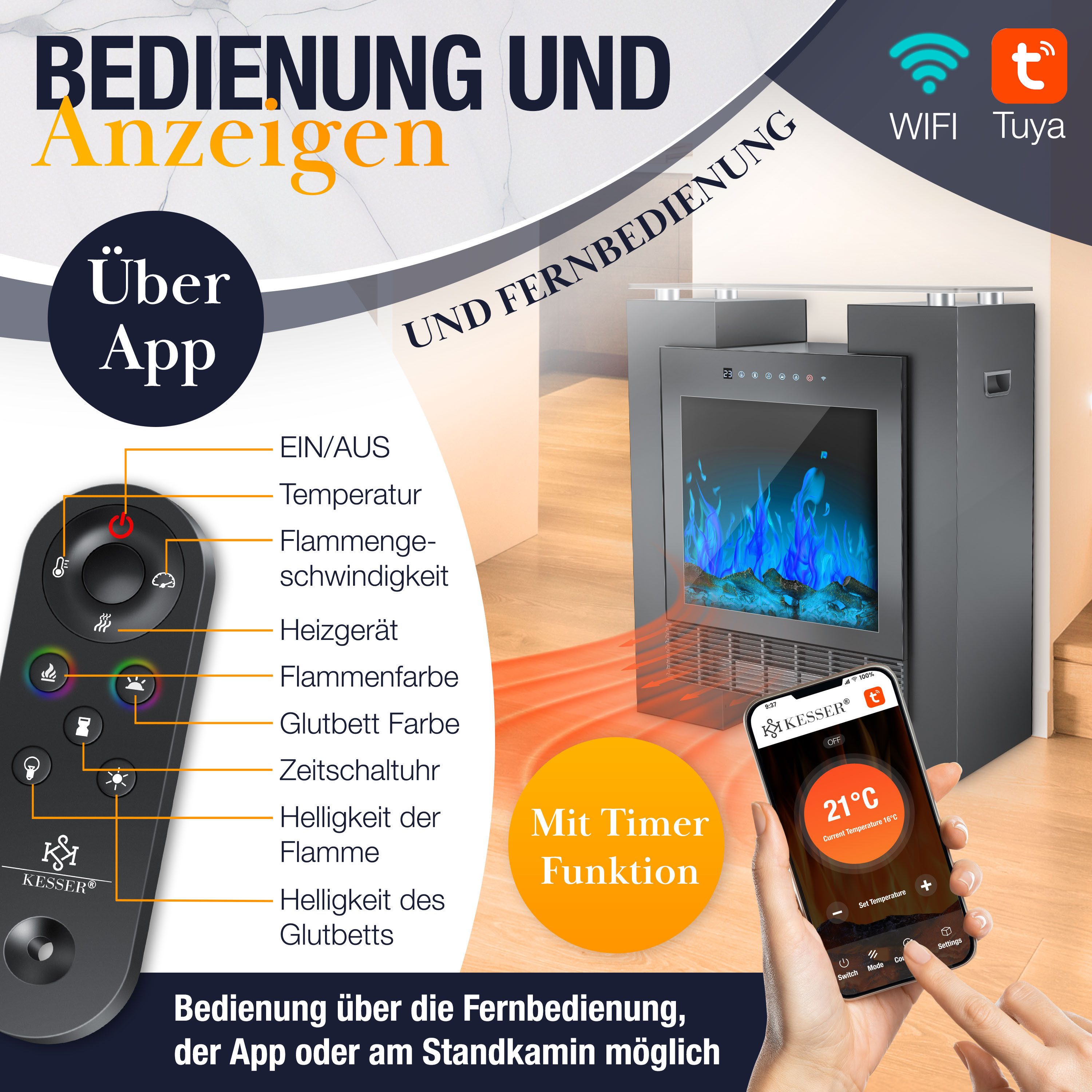 KESSER Elektrokamin LED Kamin mit Heizung & Thermostat Flammeneffekt per App Fernbedienung, Heizlüfter 15-35°C, Standkamin mit realistischem Feuer, Timer & WLAN – Bild 5 von 5