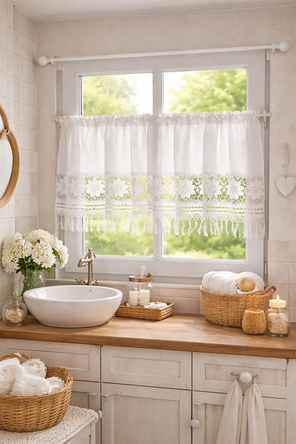 HOSSNER - ART OF HOME DECO Scheibengardine 50x120 xm (1 St), Schlaufen, blickdicht, Baumwolle, Vintage, Romantische Stickerei