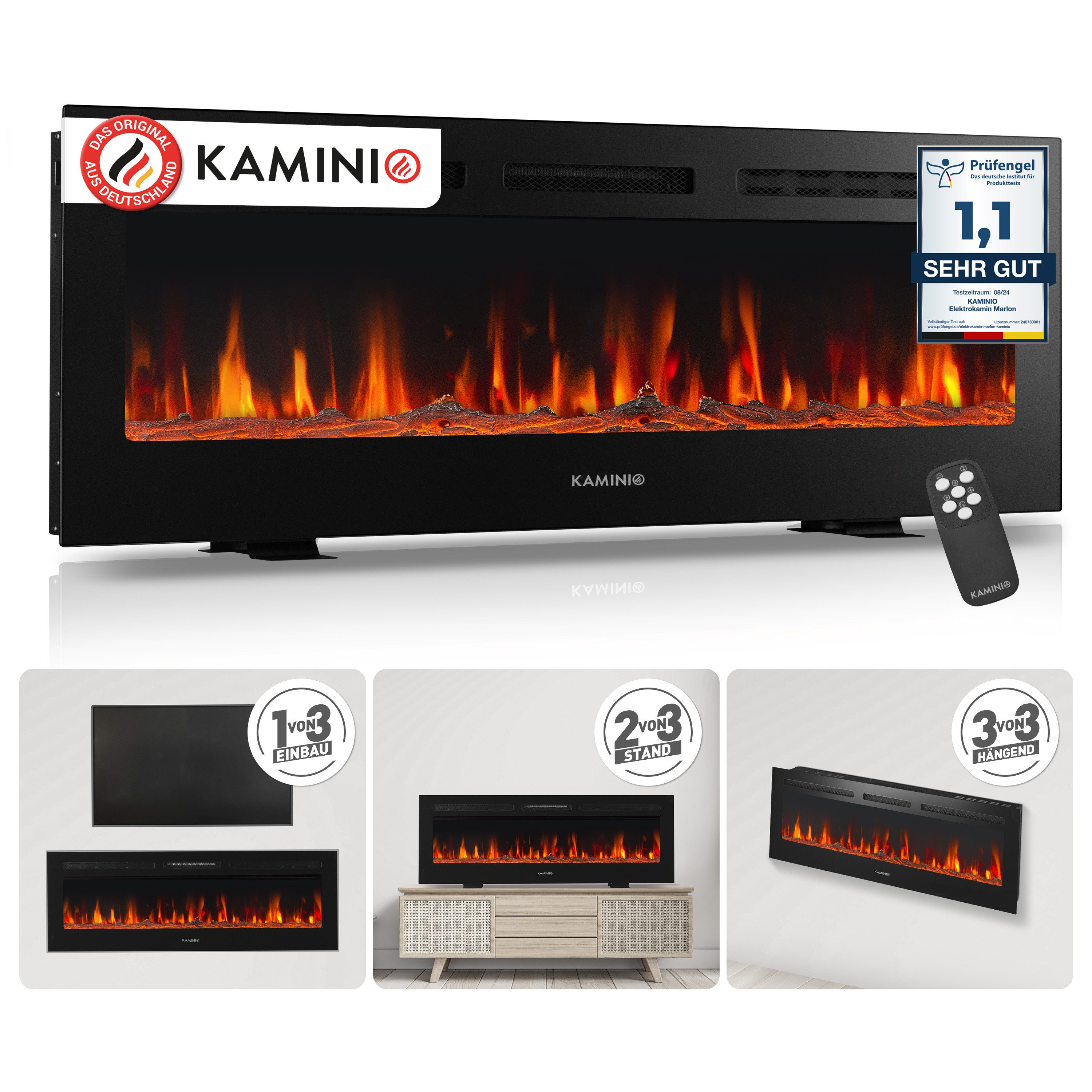 KAMINIO Elektrokamin MARLON, 3in1 Kamin: Elektrischer Stand-, Wand- und Einbaukamin, Heizung 1800W