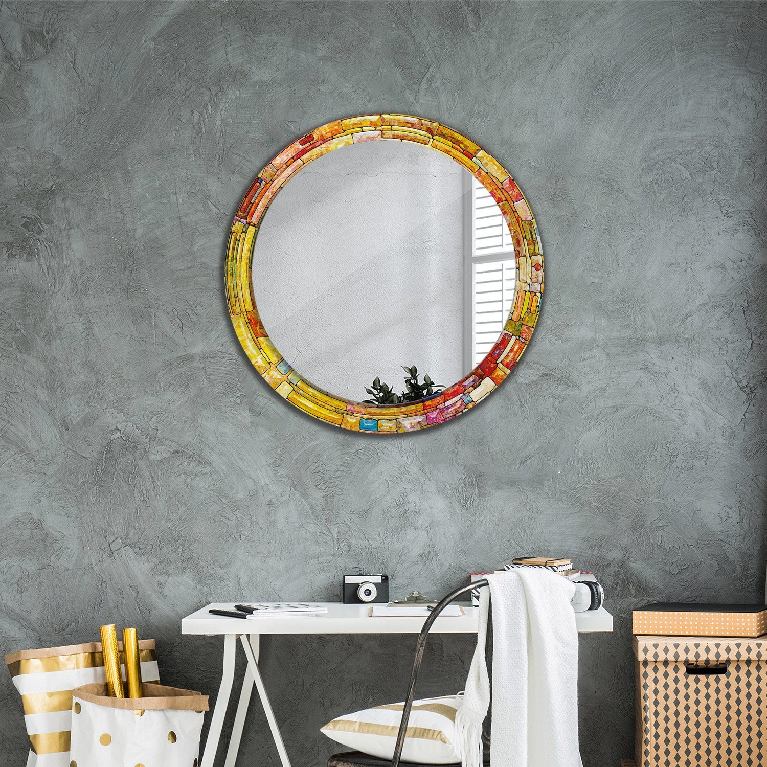 Badspiegel mit Design (Hängespiegel, Spiegel Ø80cm mit Wandmontage Badspiegel Rund Deko Aufdruck) Tulup Gebeizt Aufdruck Rund: