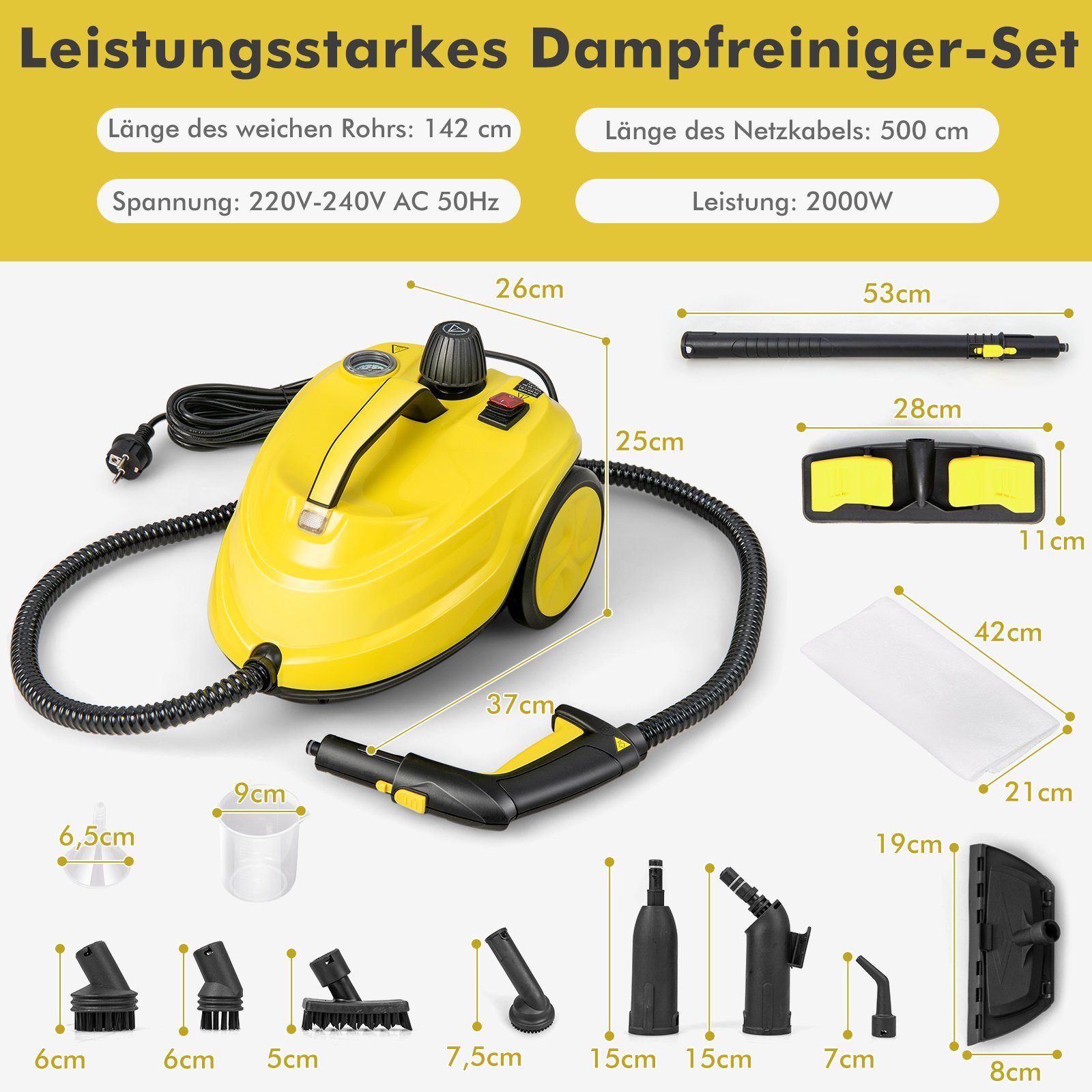 Dampfreiniger 2000W Mit 16-in-1 Zubehör - 5 Bar Druck, 1,8L Tank Für Haushalt & Auto