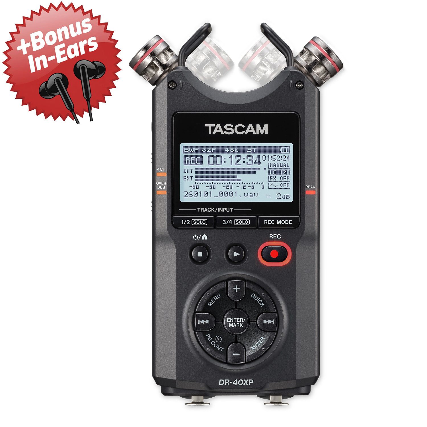 Tascam Tascam Audio-Recorder DR-40XP + Bonus In-Ear Kopfhörer Digitales Aufnahmegerät (Mit In-Ear Kopfhörer)