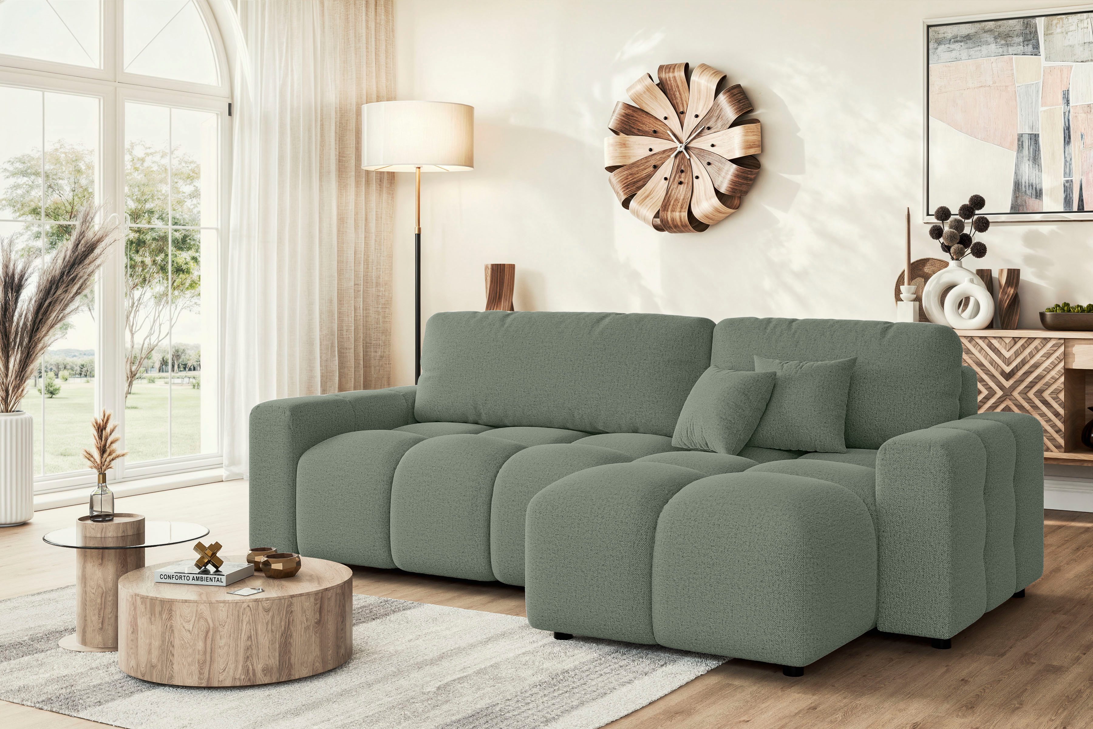 Home affaire Ecksofa FELICI, Schlafsofa 233cm, L-Form mit Recamiere beidseitig montierbar, Designsofa mit Bettfunktion und Bettkasten, Maße B/T/H: 233/142/88 cm