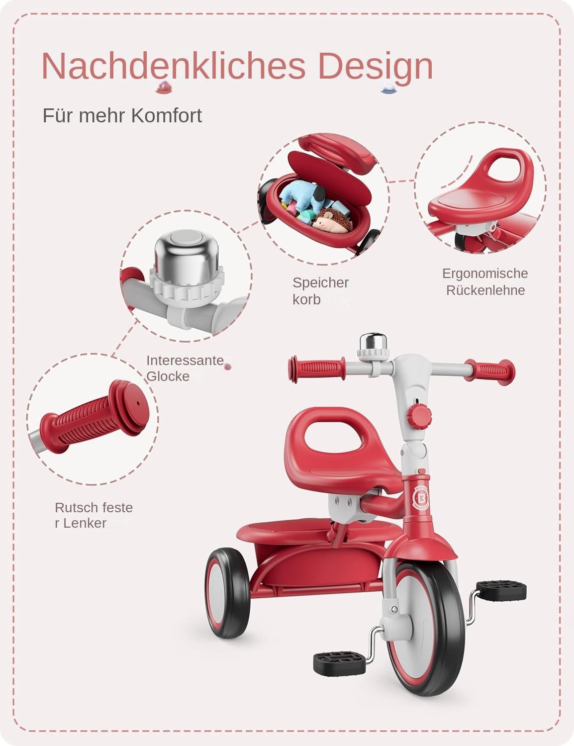 besrey Dreirad Dreirad Kinderdreirad Kinderfahrrad mit Spielkorb, Klingel, Mit Fahrradklingel und Korb, Kippfreies Design,Fahr- und Klappmodus