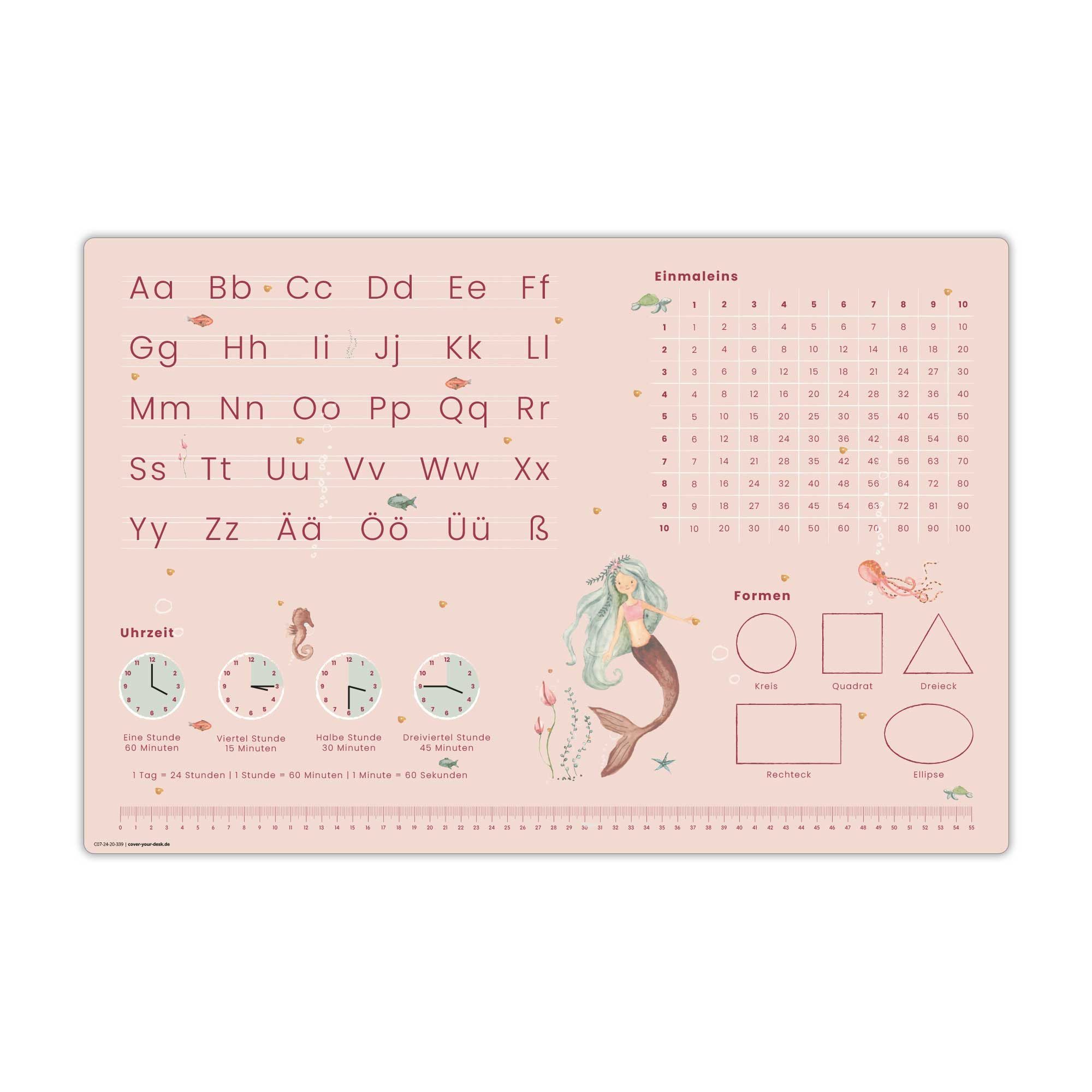 cover-your-desk.de Schreibtischunterlage Lernunterlage Meerjungfrau - abc & 1x1 für Kinder, Made in Germany, (1 tlg)