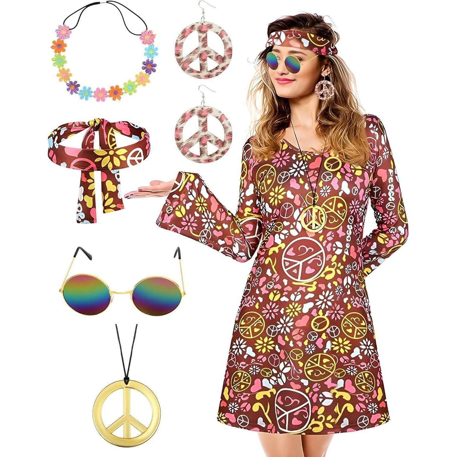 Hippie-Kostüm Kostüm Hippie 70er Set Damen Anzug Accessoires Karneval XL
