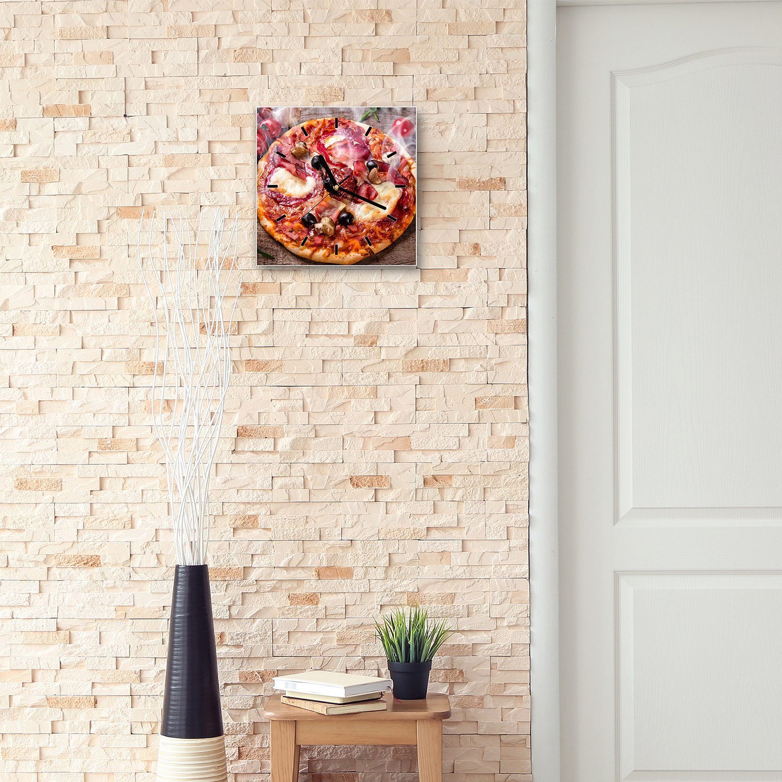 Primedeco Wanduhr Größe Wanduhr 30 Pizza Motiv Wandkunst mit heisse x Glasuhr 30 cm