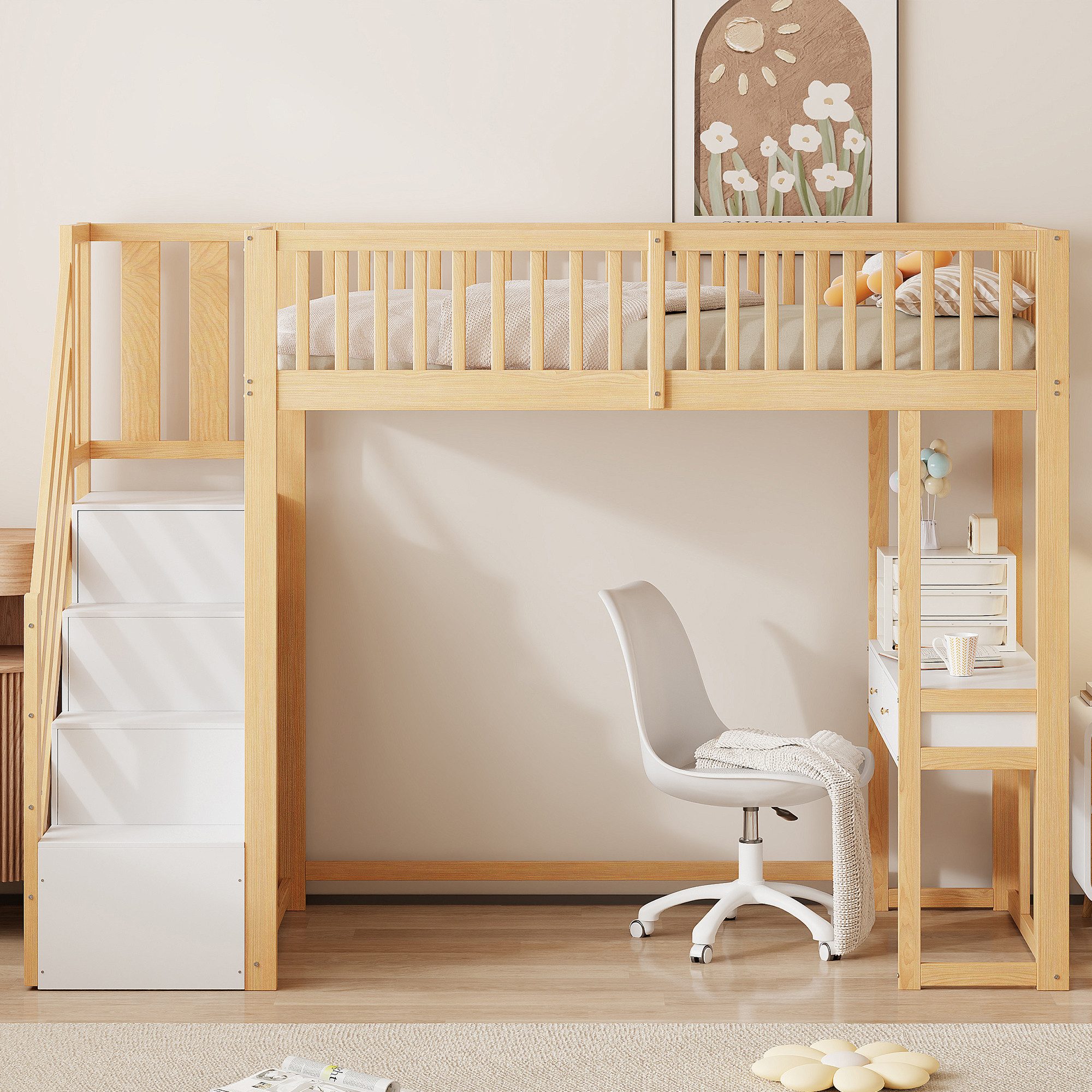 Flieks Hochbett Massivholz Kinderbett 90x200cm mit Tisch und Stauraumtreppe günstig online kaufen