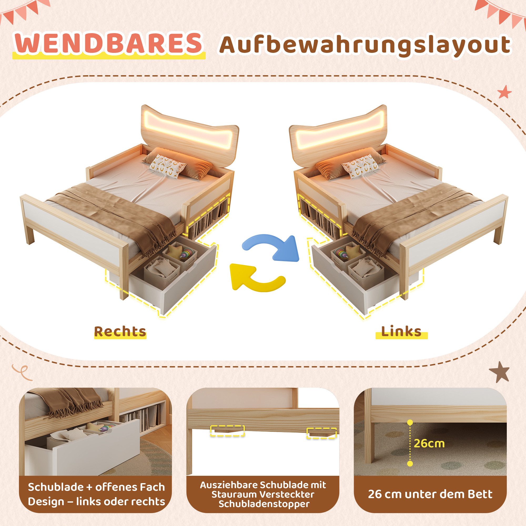Flieks Kinderbett flexible Schublade & Staufach links/rechts montierbar, Massivholzbett 140×200 cm mit Katzenohren Kopfteil und LED‑Beleuchtung – Bild 5 von 5
