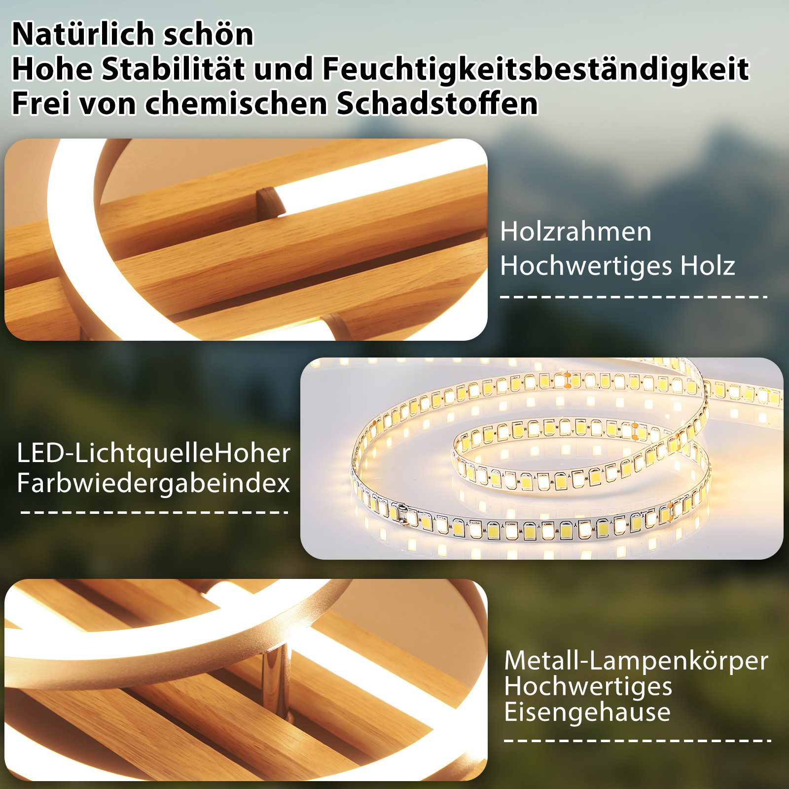 Nettlife LED Deckenleuchte Dimmbar Holz 2/3/4 Ringe Modern Deckenlampe Wohnzimmer, LED fest integriert, 44W 38*32*8.8CM für Schlafzimmer Büro Küche – Bild 4 von 5