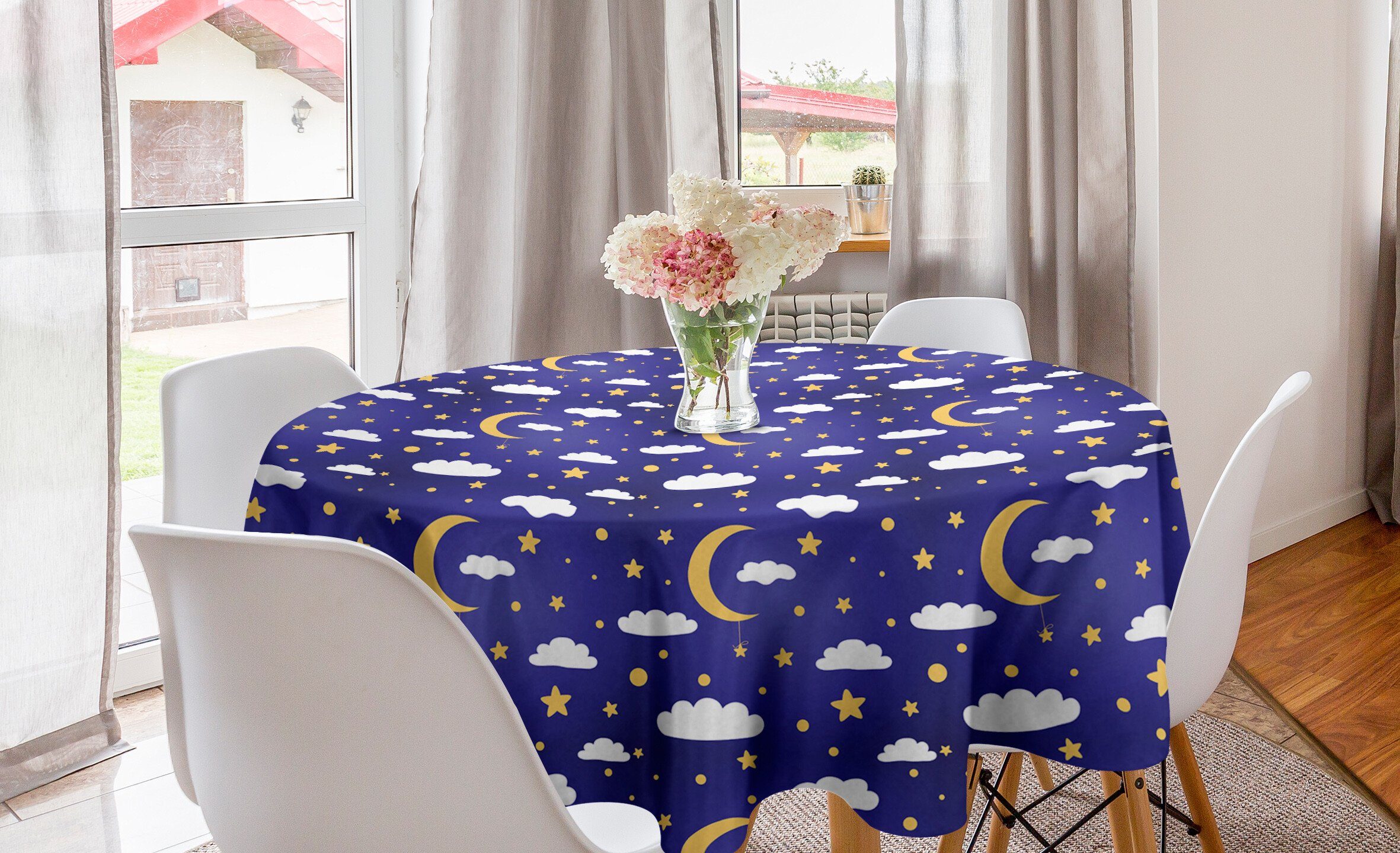 Abakuhaus Tischdecke Kreis Tischdecke Abdeckung für Esszimmer Küche Dekoration, Himmel Mond-Sterne-Punkte und Wolken Art