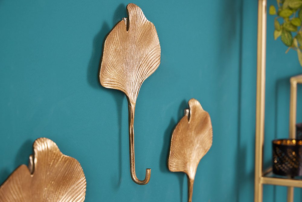 riess-ambiente Wandgarderobe GINKGO 30cm gold (Set, 3 St., 3x Deko-Kleiderhaken), Flur · Metall · Blatt · Wanddekoration · Kleiderhaken · Boho