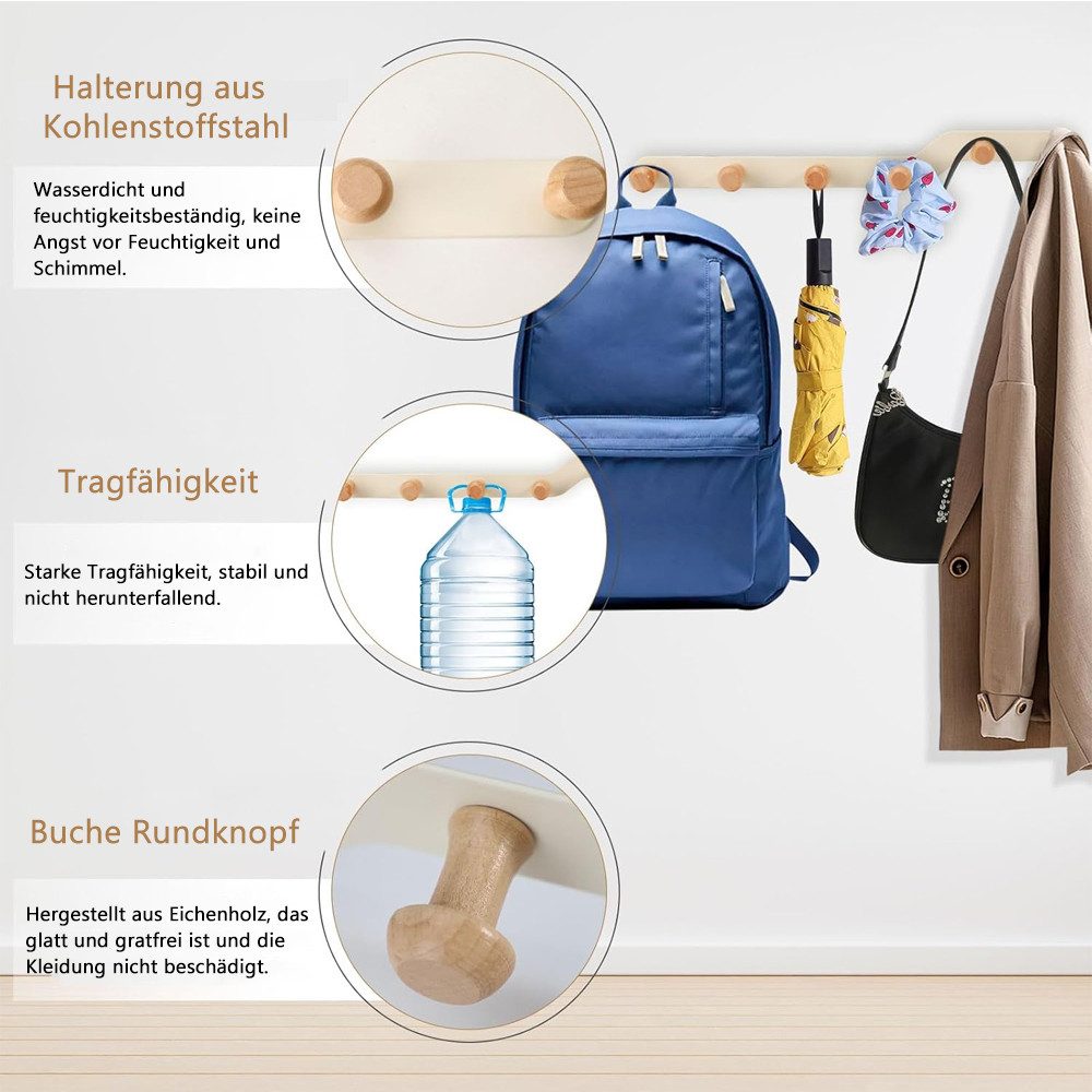 TUWENA Garderobenhaken Kleiderhaken Wand, Garderobenhaken mit Holz Haken, Platzsparend Halter (5 St)