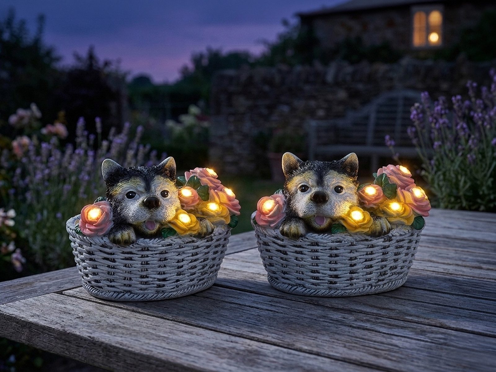 GLOBO LIGHTING LED Solarleuchte Hund und Blumen im Korb, Höhe 13,5cm, LED fest integriert, warmweiß, Deko Solarbeleuchtung ausgefallene Solarlampe für den Garten Tierlampe