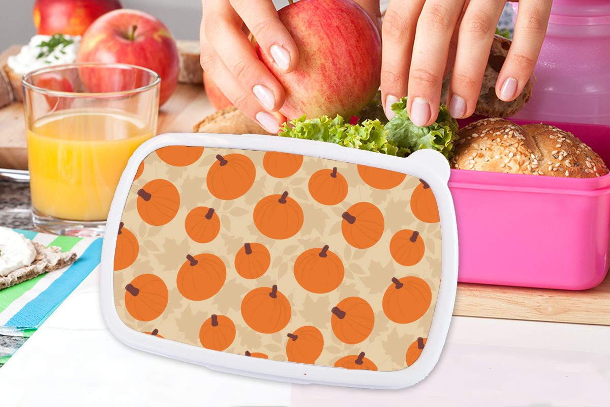 MuchoWow Lunchbox Mädchen, (2-tlg), Brotdose - Kürbis Kunststoff - Erwachsene, für Kinder, Herbst Design, - Kunststoff, Snackbox, Brotbox Blätter rosa