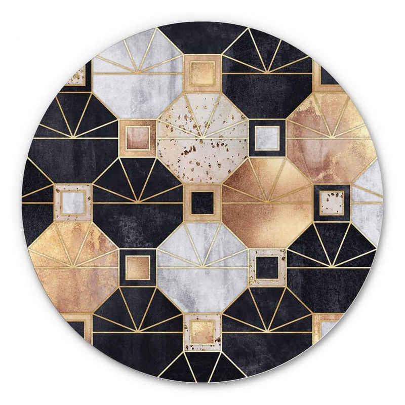 K&L Wall Art Gemälde Metallposter Rund Art Déco Schwarz Gold Geometrisch Fredriksson, Metalloptik Wandbild Ø 30cm