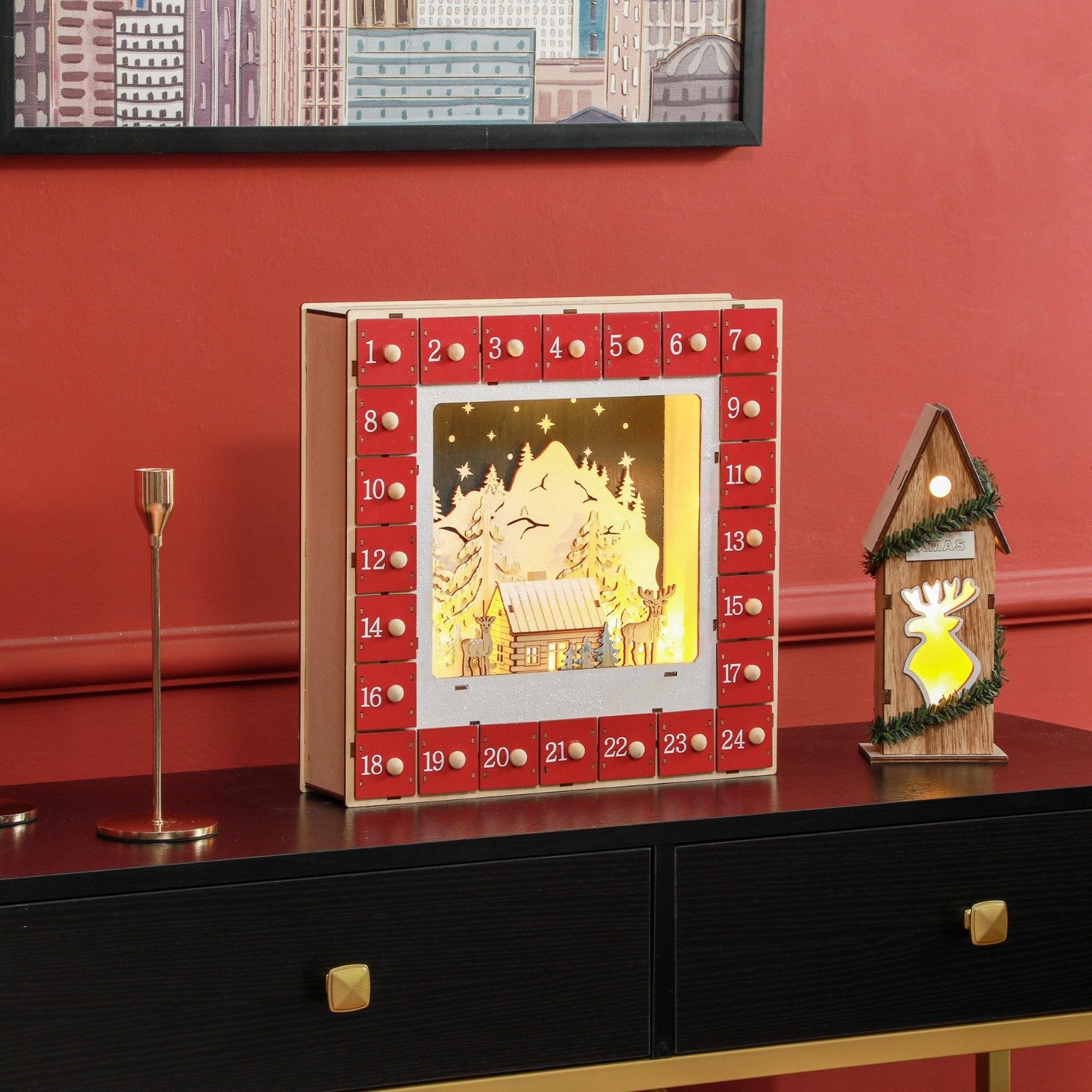 Celya befüllbarer Adventskalender Adventskalender zum Befüllen 24 Schubladen (Weihnachtsdekoration DIY MDF 34 x 7 x 34 cm Rot)