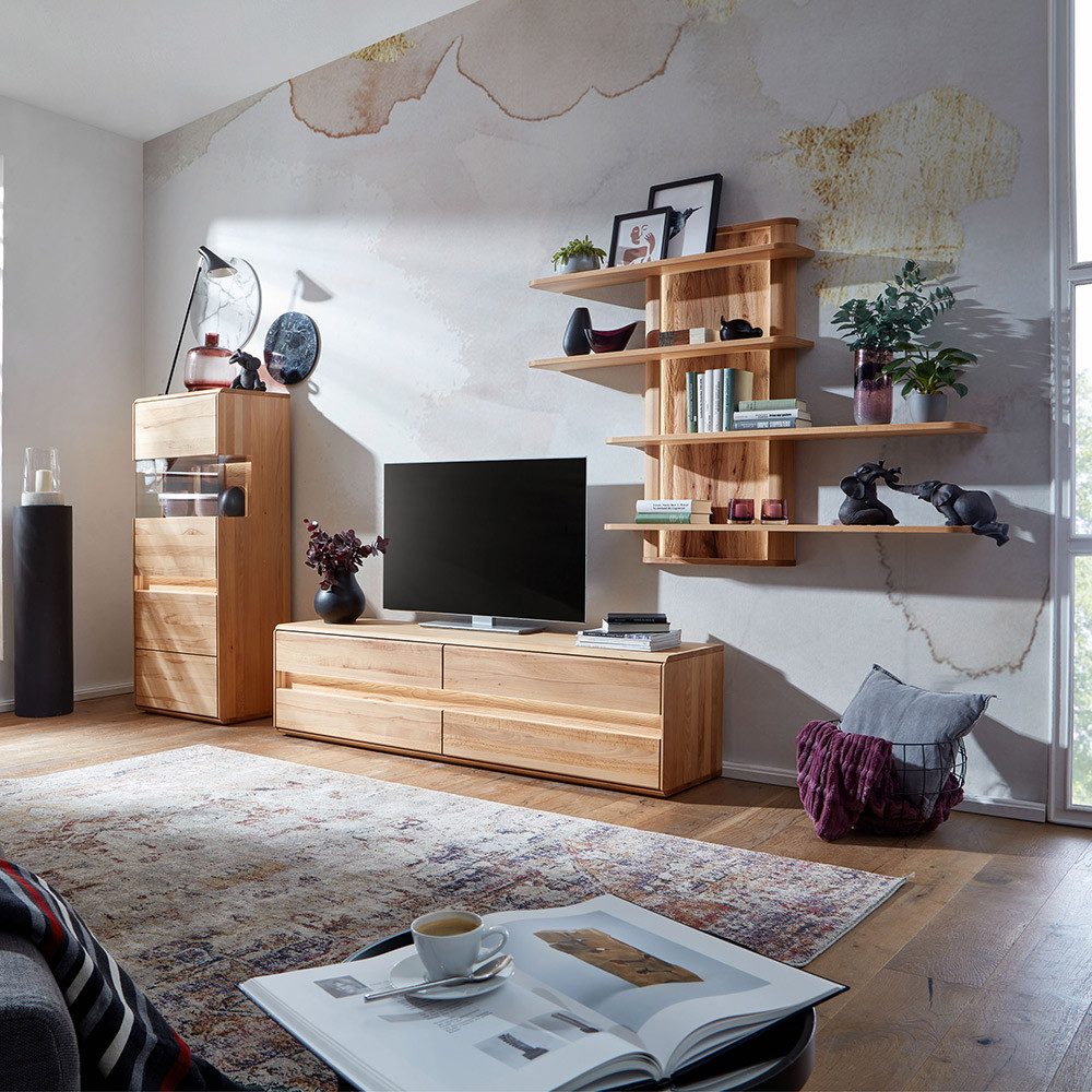 Lomadox Wohnwand WELLAND-69, (3-St., Highboard Lowboard Wandregal), in Kernbuche massiv geölt inkl. Beleuchtung, montiert