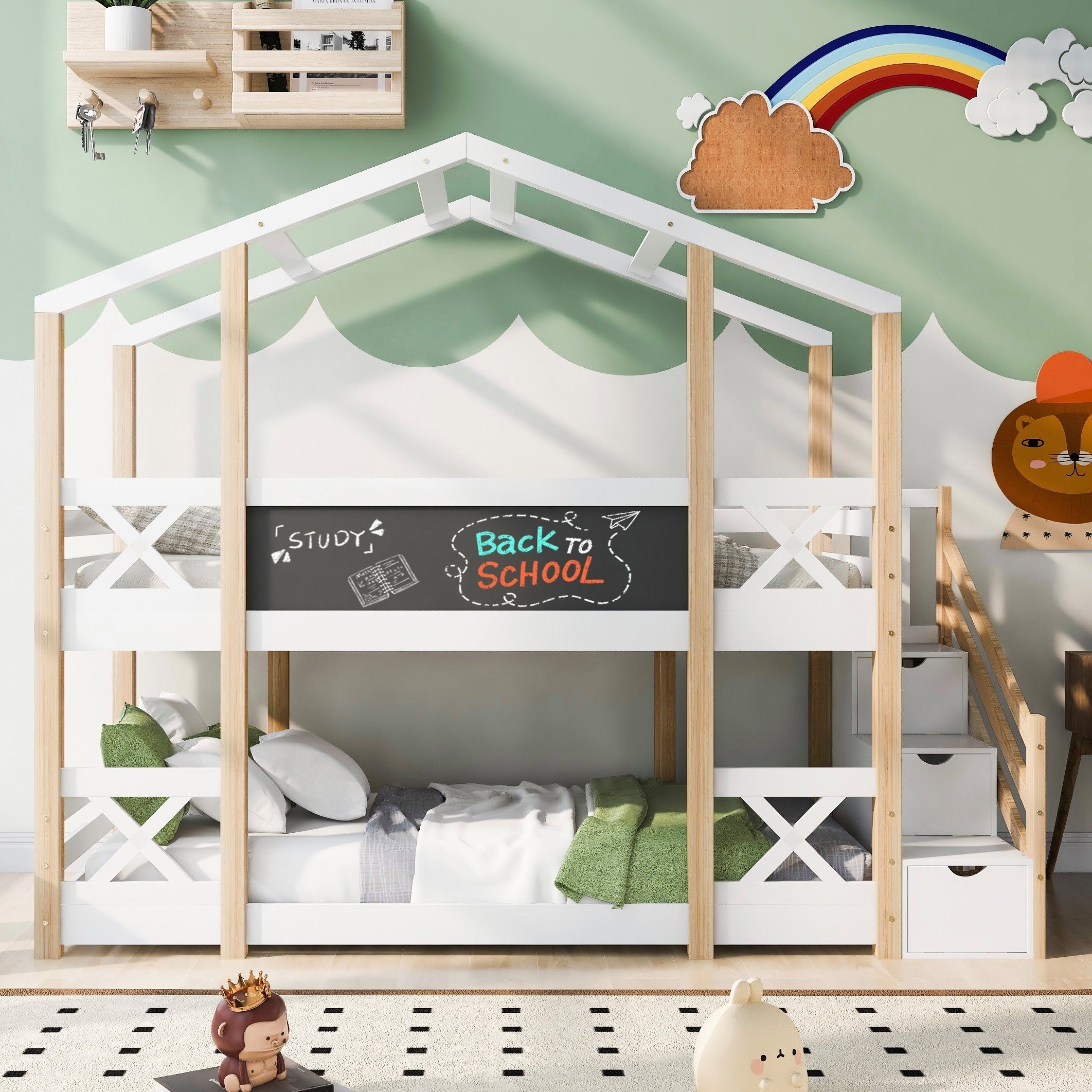 SOFTWEARY Etagenbett (Kinderbett mit 2 Schlafgelegenheiten, Lattenrost und Treppe, 90x200 cm), Hausbett inkl. Rausfallschutz, Kiefer