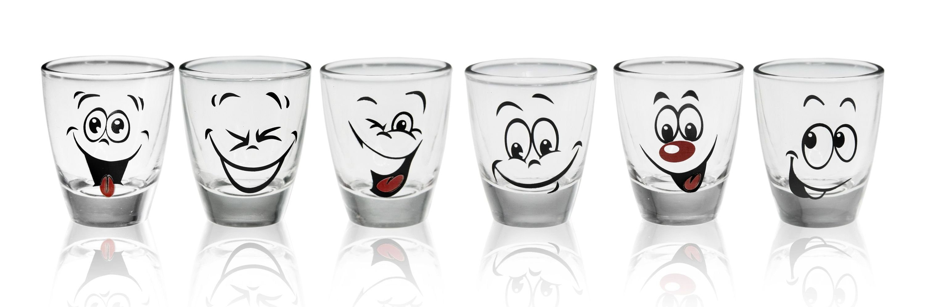 PLATINUX Schnapsglas Shotgläser mit lustigen Gesichtern, Glas, Set 6 Teilig 2,5cl Tequila Karnevalsgläser Келихи для шнапсу Pinnchen