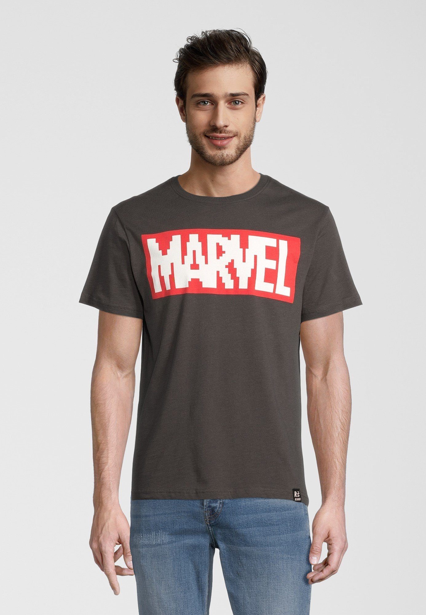 T-Shirt zertifizierte Recovered Marvel Pixel GOTS Bio-Baumwolle Logo Black
