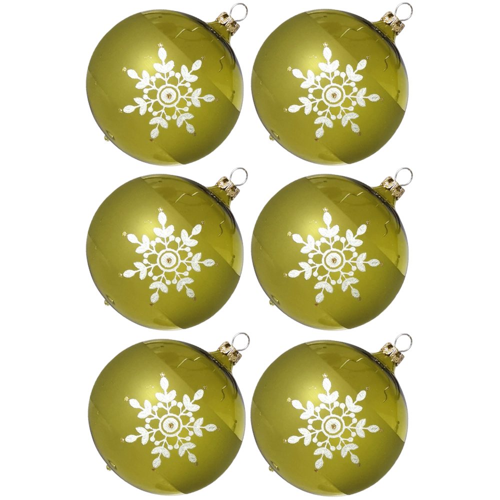 Thüringer Glasdesign Weihnachtsbaumkugel Weihnachtskugel-Set Kristallblüten moosgrün (6 St), mundgeblasen, handdekoriert