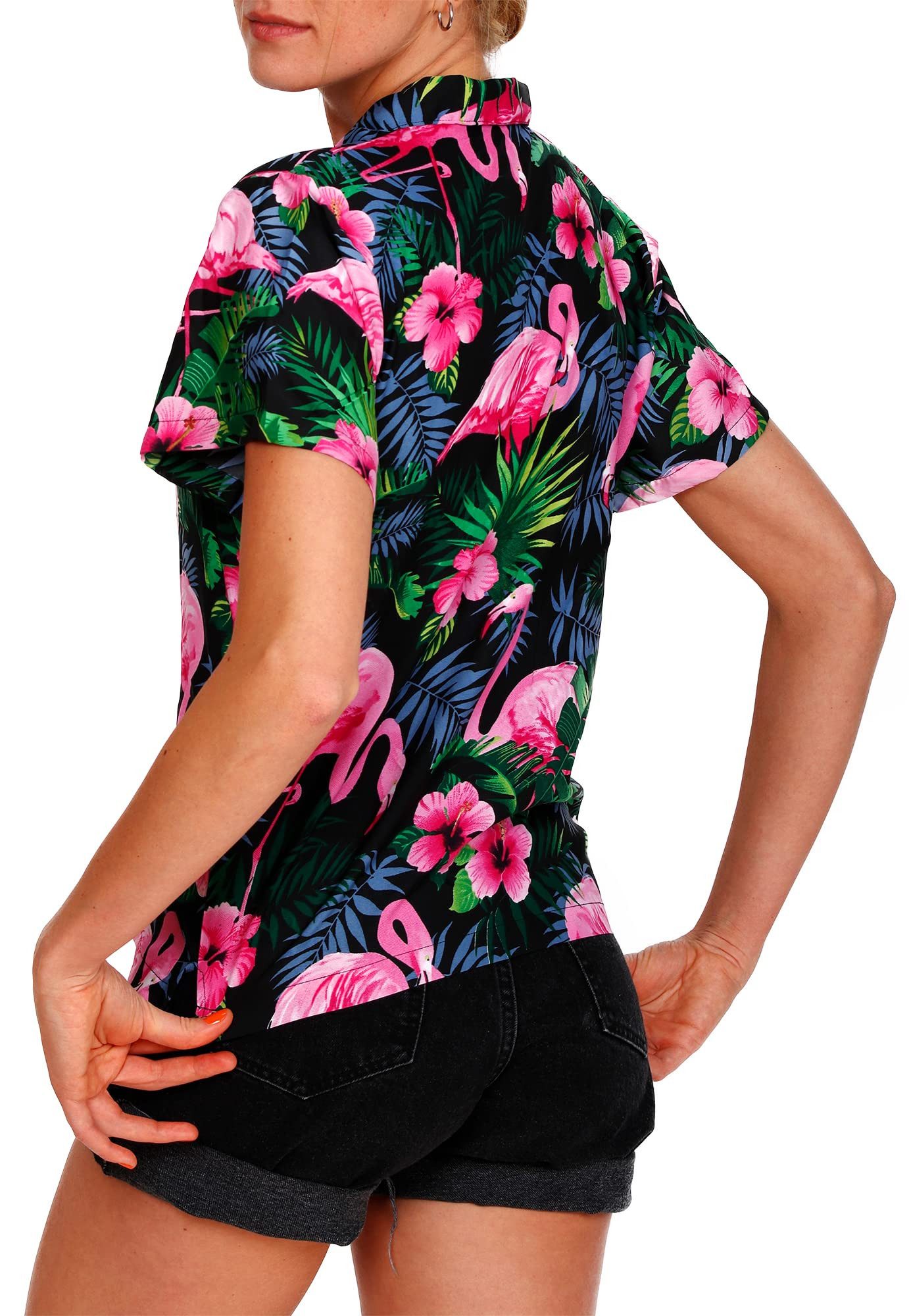 King Kameha Hawaiihemd Flamingo Flowers Funky Hawaiibluse Damen Kurzarm Front-Tasche Stylish